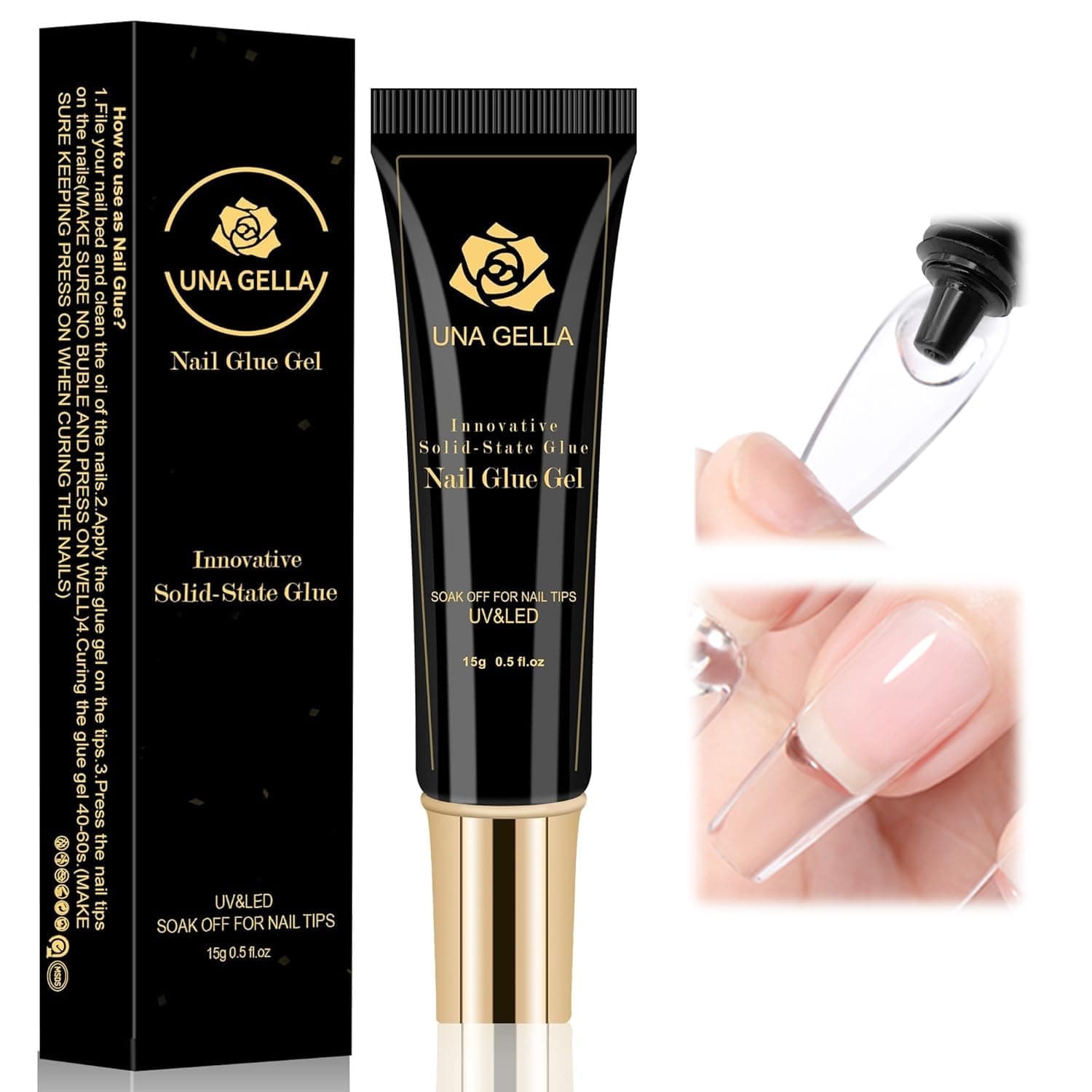 UNA GELLA Solid Nail Glue Gel 15ml Lamp Curing Needed Solid Soak Off U V/LED Lamp Required Super Strong Glue for Fake Acrylic Soft Gel Nail Tips Press On Nails Art Extension