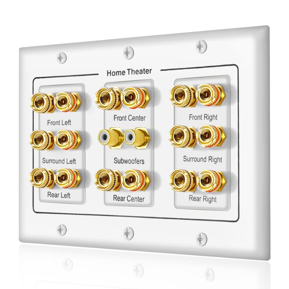 5 6 7.1/7.2 or 8.1/8.2 One or Two Subwoofer Compatible 16 Banana Post and 2 RCA Speaker Wall Plate for Home Theater Audio