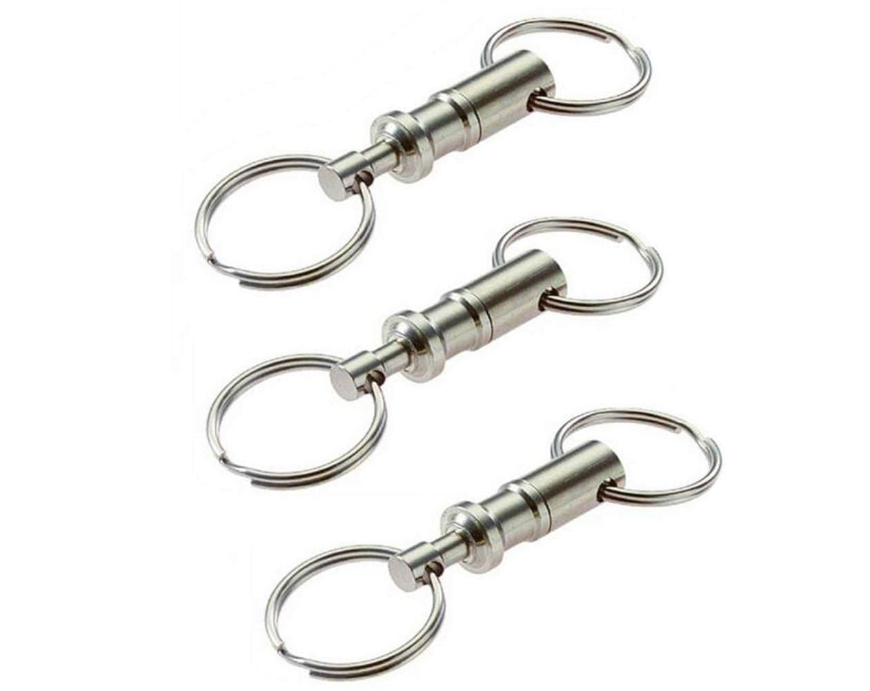 Detachable Pull Apart Silver Car Key Rings Keychains-Heavy Duty Dual Key Ring Pull Apart Snap Lock Holder with Split Rings (3 Pack)