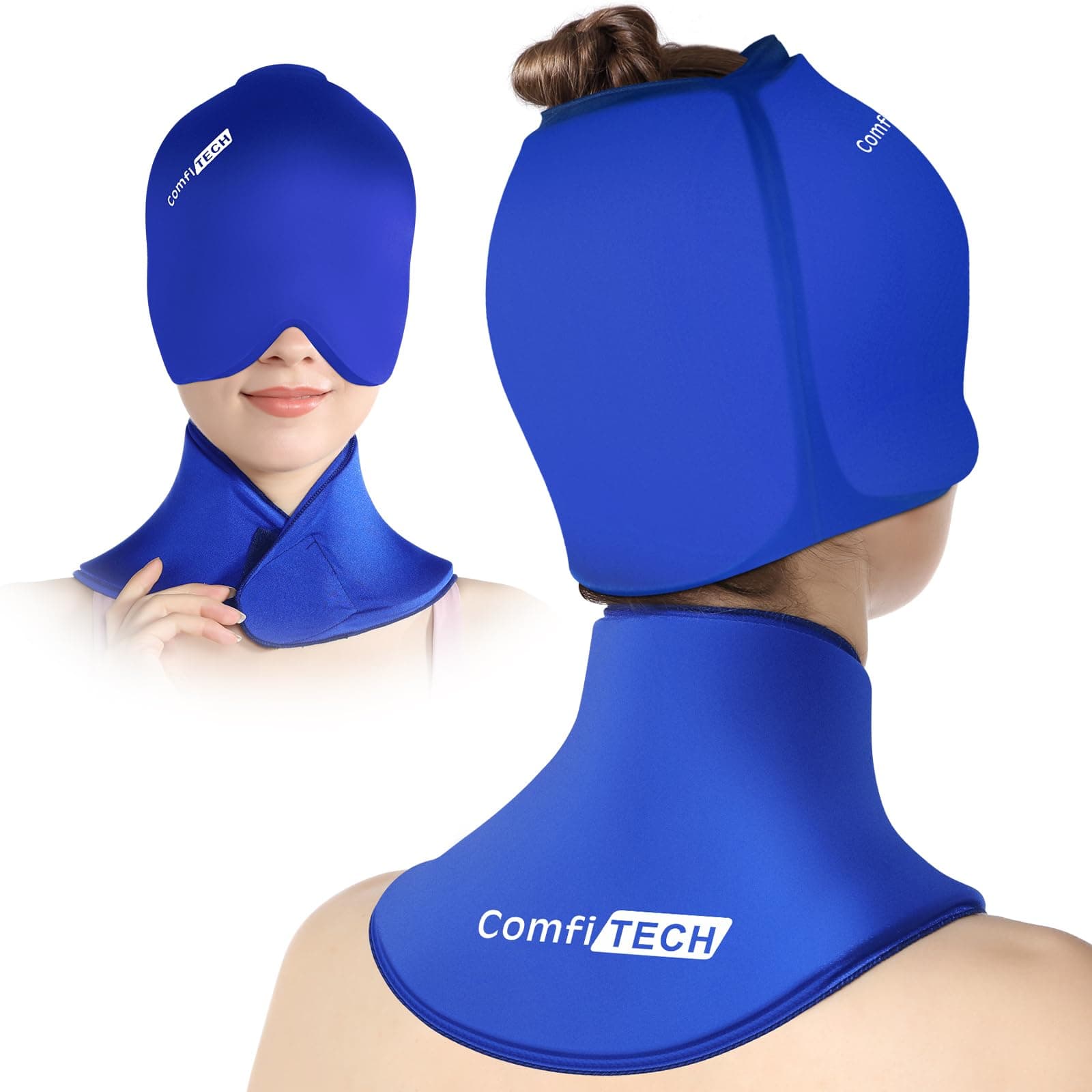 ComfiTECH Cold Cap and Neck Ice Pack Wrap Gel Combo, Care Package for Head and Cervical, Blue