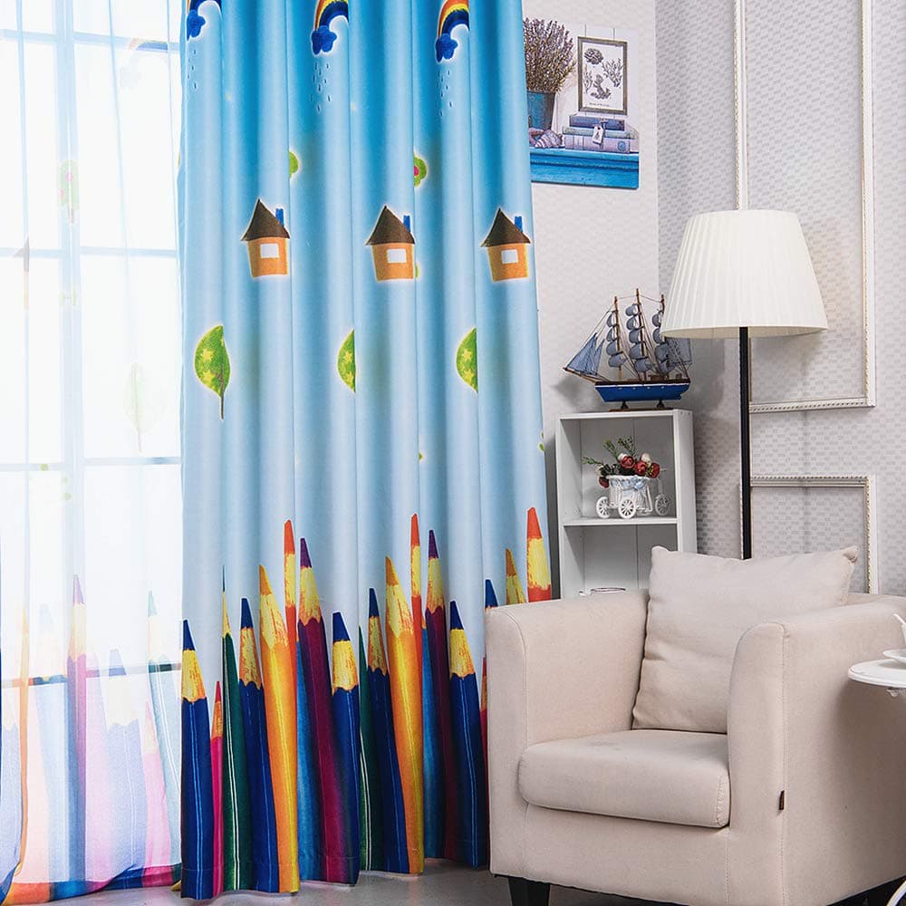 AiFish 1 Panel House Sun Rainbow Tree and Paintbrush or Colored Pencils Printing Kids Room Blackout Curtains Grommet Top Room Darkening Window Curtain Drape Panels for Preschoolers W39 x L84 inch