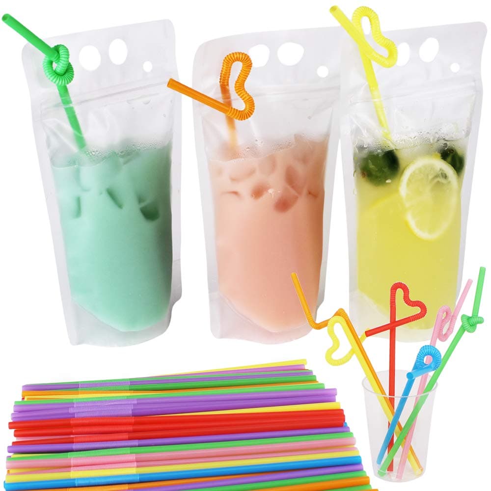 100 Pack 9.1 x 5.2 Inch/17 Ounce 8mil Clear Drink Pouches with Heavy Duty Hand-held Translucent Reclosable Zipper Stand-up Plastic Pouches Bags Drinking Bag 2.4 Inch Bottom Gusset with Straws