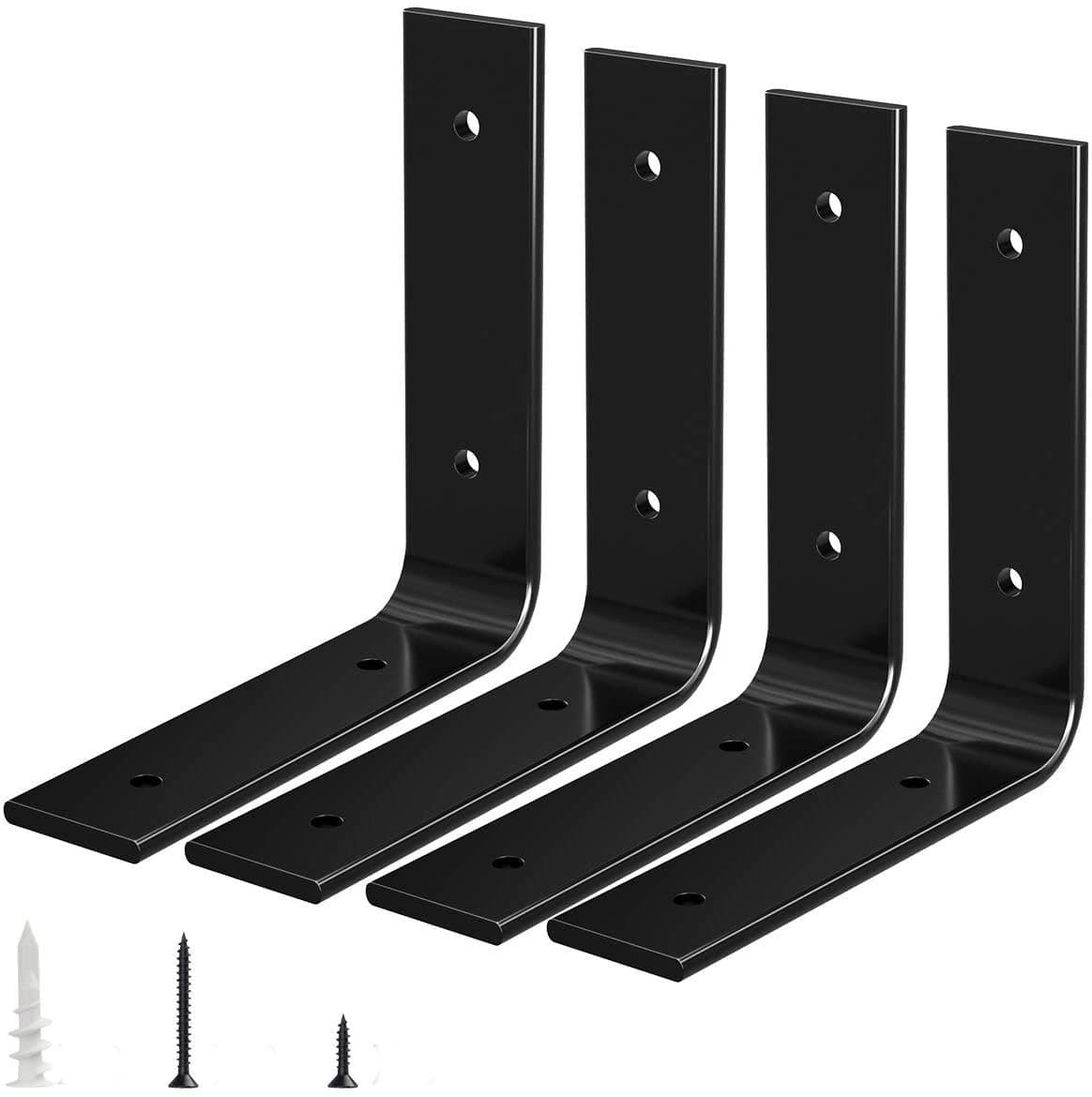 6 x 6" Black Shelf Brackets 4-Pack, Heavy Duty Metal L Brackets, Mantel, Kitchen, Bathroom Shelf Hardware