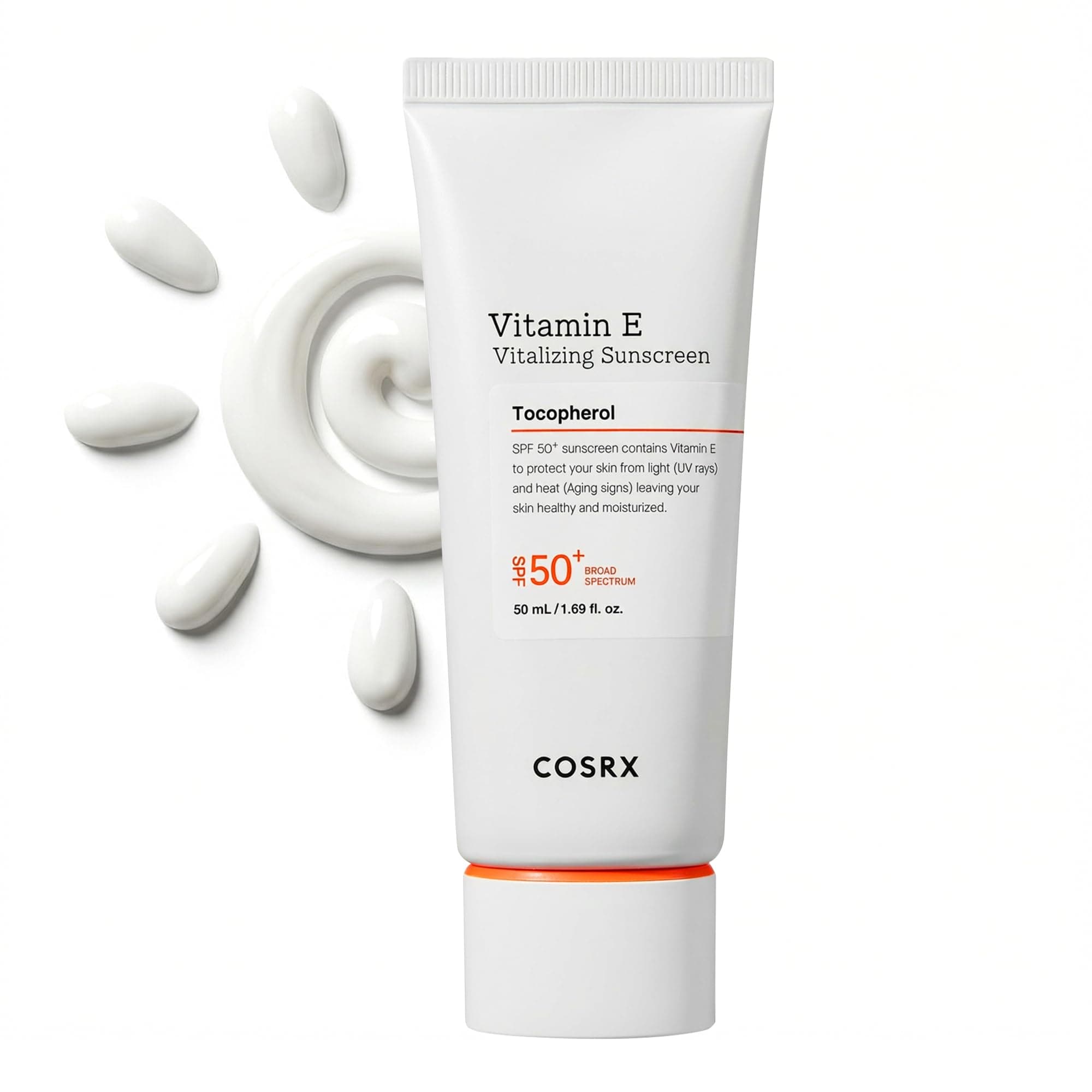 Vitamin E Vitalizing Sunscreen,SPF 50 Broad Spectrum Face Sunscreen, Lightweight, Non-Sticky, No White Cast, Vitamin E for Antioxidant Care, For All Skin Tones, Korean Skincare, 1.69 fl oz