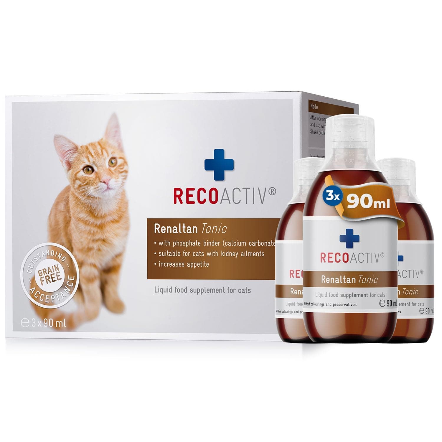 RECOACTIV Renaltan Tonic for cats, 3 x 90 ml, dietary supplement with phosphate binder to reduce the phosphate content of food for animals with renal insufficiency or CRI