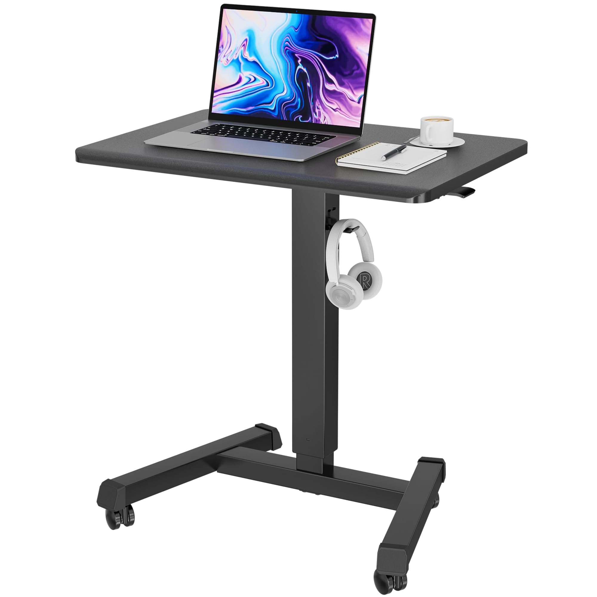 BONTEC Mobile Standing Desk Adjustable Height, Rolling Laptop Cart with Hook, Portable Workstation with Pneumatic Lift, Ergonomic Table with Wheels, Compact Home Office Desk, Black 25.6" x 17.7"