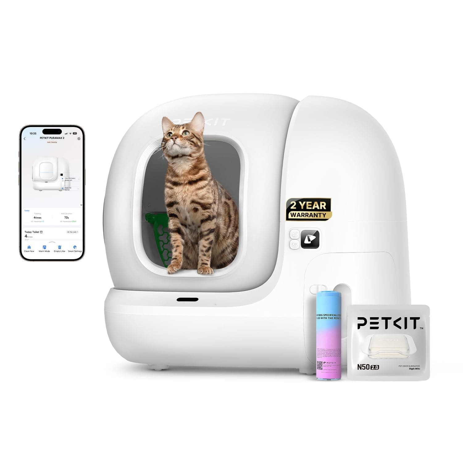 PETKIT PuraMax 2 Automatic Self-Cleaning Cat Litter Box, App Control Automatic Litter Box with Safety Sensors, Odor Free & Anti-Leakage Basic Bundle Includes Trash Bags,2.4G WiFi & Low Entrance