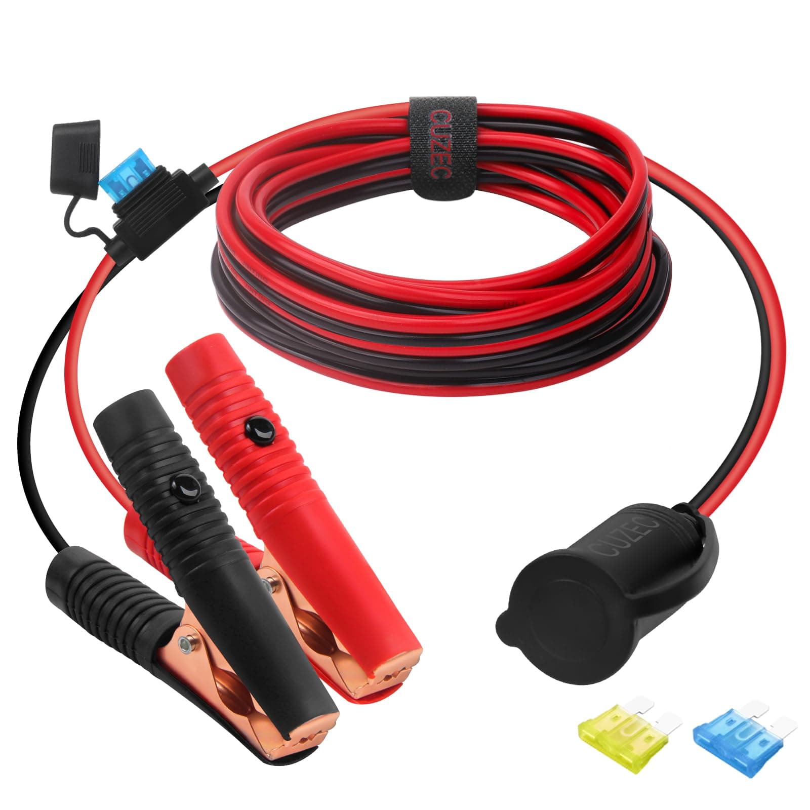 CUZEC 12V/ 24V Extension Cord Plug Socket with Battery Clamp 4.9FT / 1.5m 16 AWG Battery Clip-On and Cigarette Lighter Adapter
