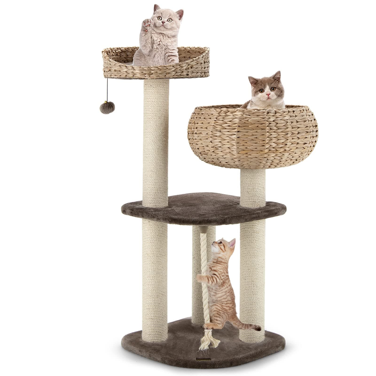 PETSITE 41" Tall Modern Cat Tree Tower, Rattan Cat Activity Tree w/Perch, Scratching Posts & Removable Cushions, Multi-Layer Cat Tower for Indoor Cats