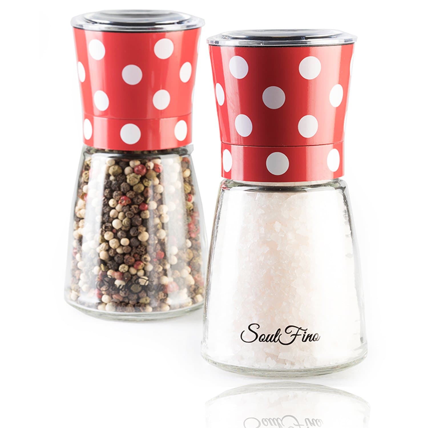 Premium Salt and Pepper Grinder Shaker Set – Retro Design- Adjustable Ceramic Rotor - 5.35" Tall. 5.6 Oz. Salt Mill & Pepper Mill - Recipe EBook Included - Red Polka Dots