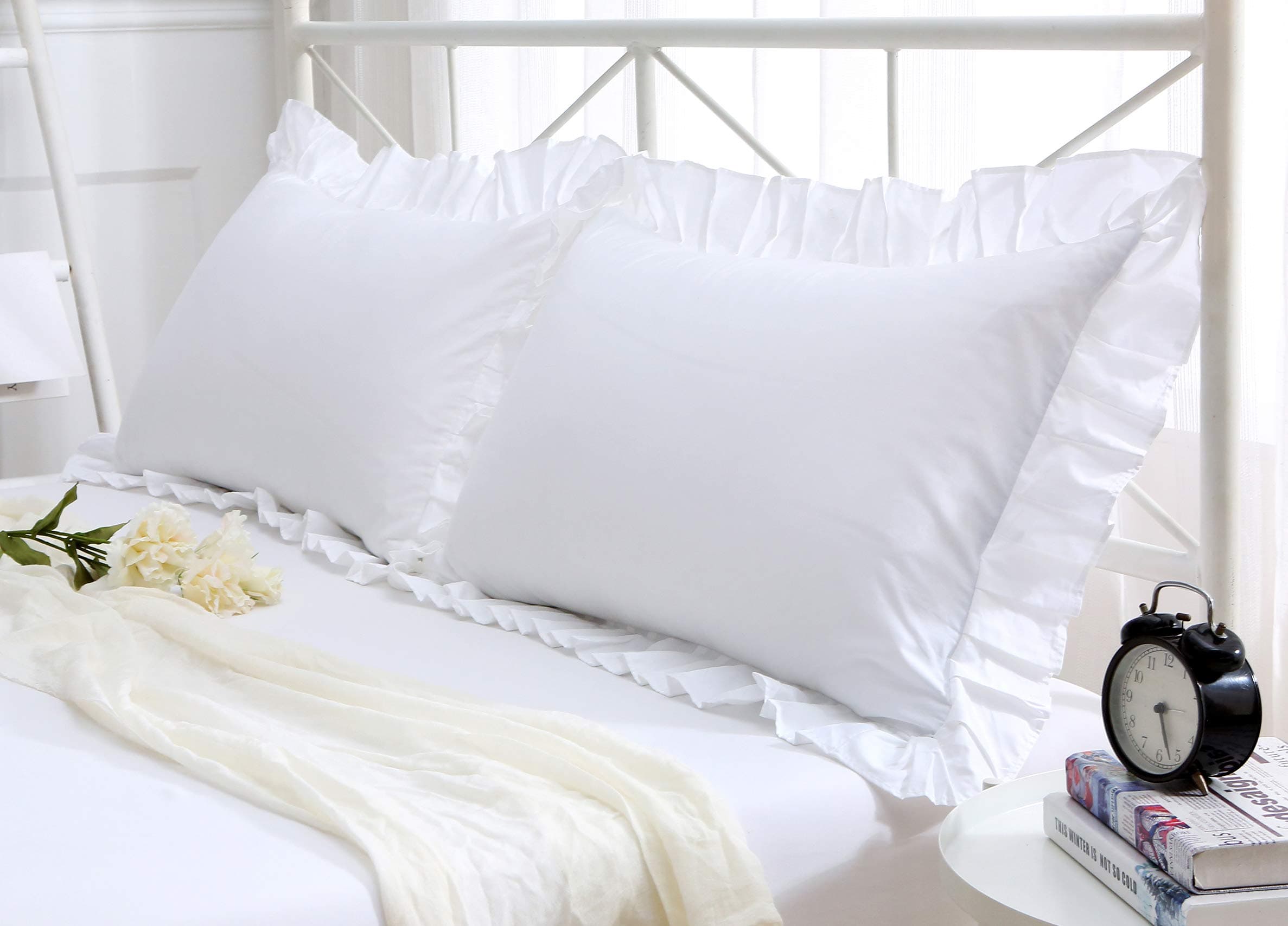 Ruffles Pillow Cases Shams Covers White Queen Size 2 Pack Egyptian Cotton 20x30 inches Soft Thick