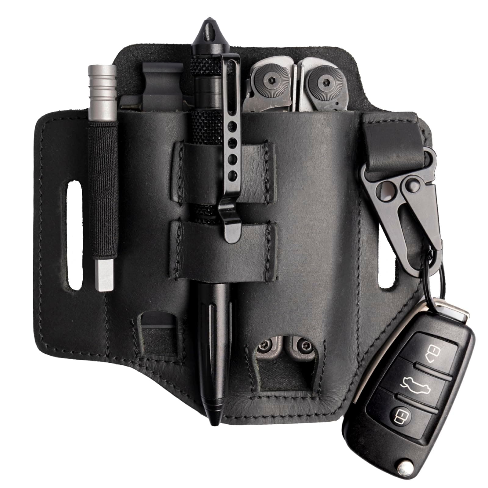Multitool Belt Sheath, EDC Leather Belt Organizer, Belt Holder with Multitool Pouch, Flashlight Holder, Pen Holder and Keychain Clip, Practical EDC Belt Pouch for Men