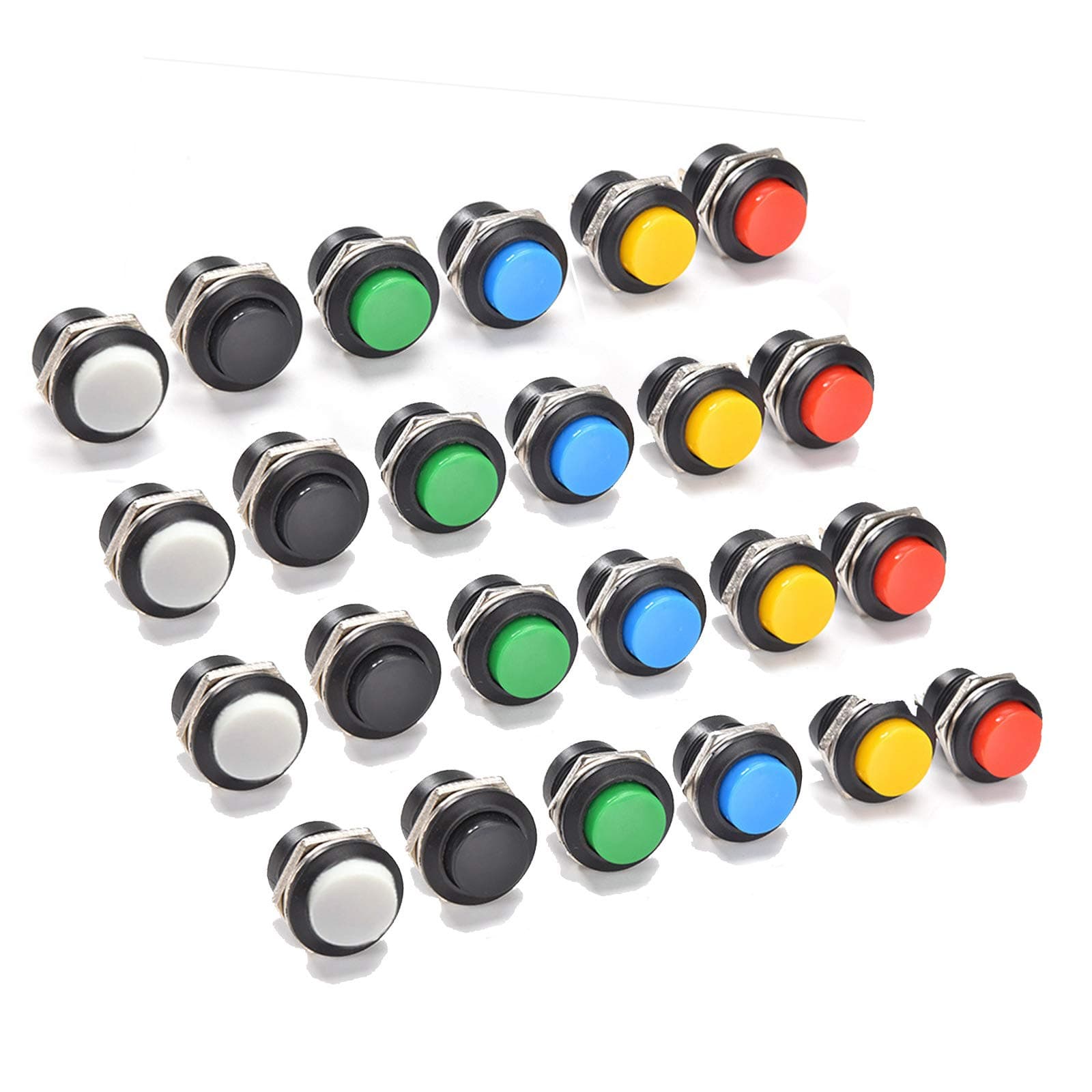 24pcs 16mm Instant Push Button Off Switch Assorted Red Green Yellow Blue White Black 3A 250V AC 2Pin Self Reset Mini Round Switch