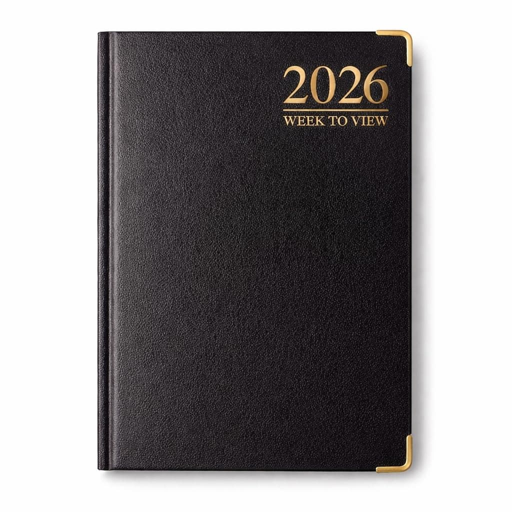 1ABOVE 2026 A5 Week-to-View Diary Premium Hardback Planner with Gilt Edges, Metal Corners & 60 GSM Paper – Elegant Weekly Organizer for Business, Office & Home (Black)