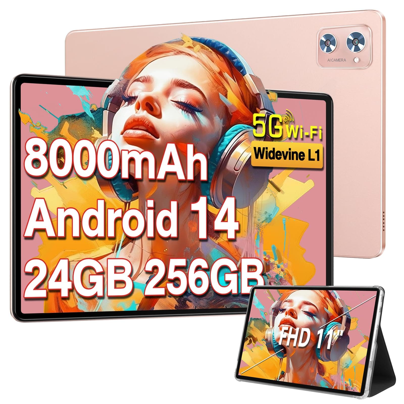 Tablet 11 inch Android 14 Tablets, 24GB RAM 256GB ROM 2TB Expand, Octa-core 8000mAh Battery Tablet PC with 13MP Camera, IPS HD Touchscreen, 5G WiFi, Widevine L1, Bluetooth 5.0, GPS - Rose Gold/pink
