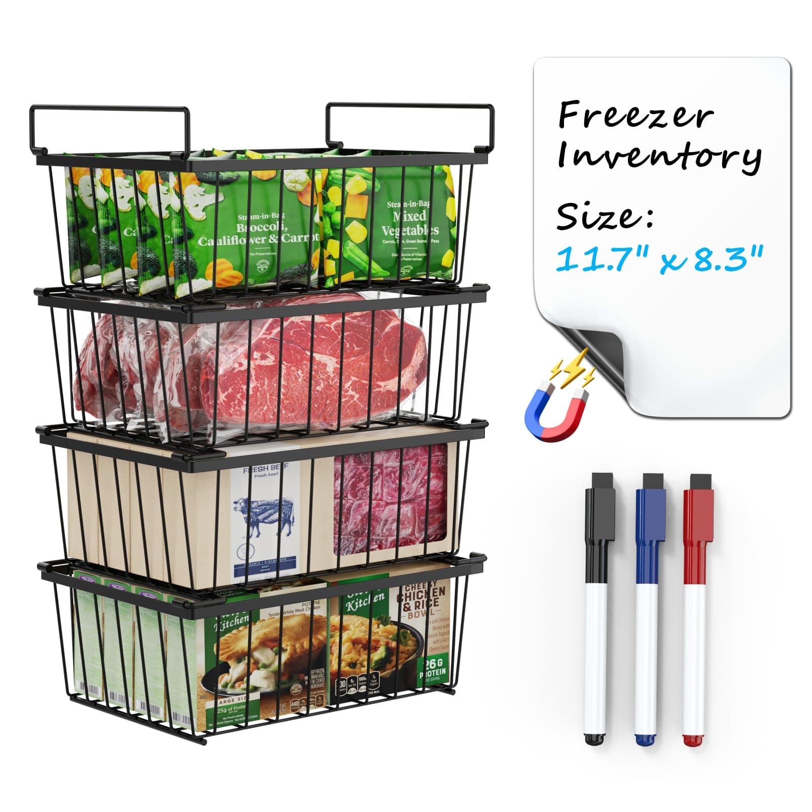 iSPECLE Freezer Organizer Bins - For 5 Cu.Ft Deep Freezer with 4 Pack Chest Freezer Organizer and Inventory List Board Track Food, Stackable to Maximize Vertical Space, Easy Access without Digging
