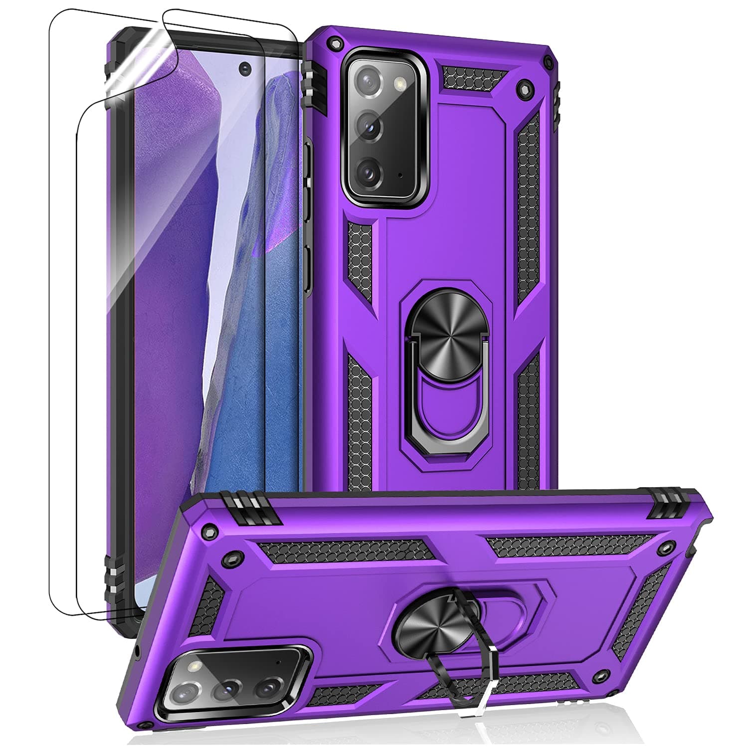 for Samsung Galaxy Note 20 Case, Note20 5G Case with HD Screen Protectors, Androgate Military-Grade Metal Ring Holder Kickstand 15ft Drop Tested Shockproof Cover Case for Galaxy Note 20 Purple