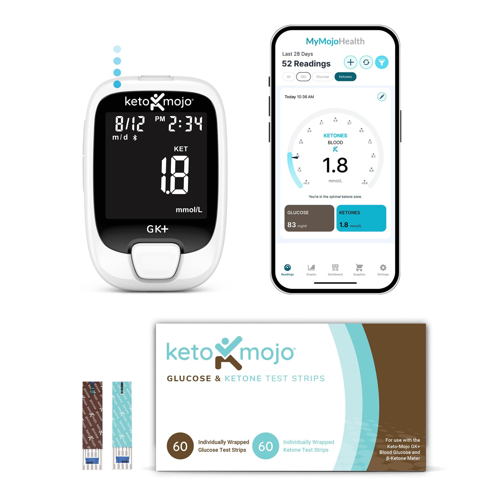 GK+ Glucose & Ketone Testing Kit with 140 Test Strips – Advanced Bluetooth Meter with Free App for Ketosis Diabetes & Metabolic Support – Includes 70 Glucose + 70 Ketone Strips