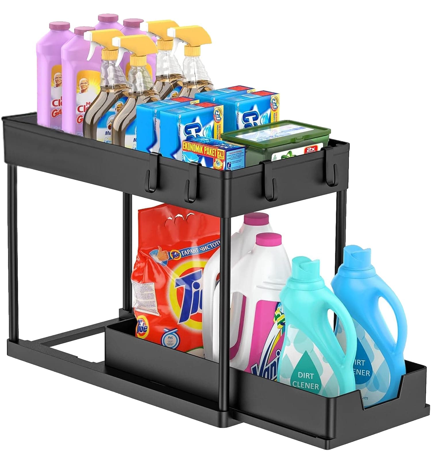 Under Sink Organizers and Storage Pull Out Sliding Drawer,2 Tier Kitchen Under The Sink Organizer Under Bathroom Sink Shelf Storage Rack, 4 hooks, Multi-purpose Storage Shelf (BLACK)