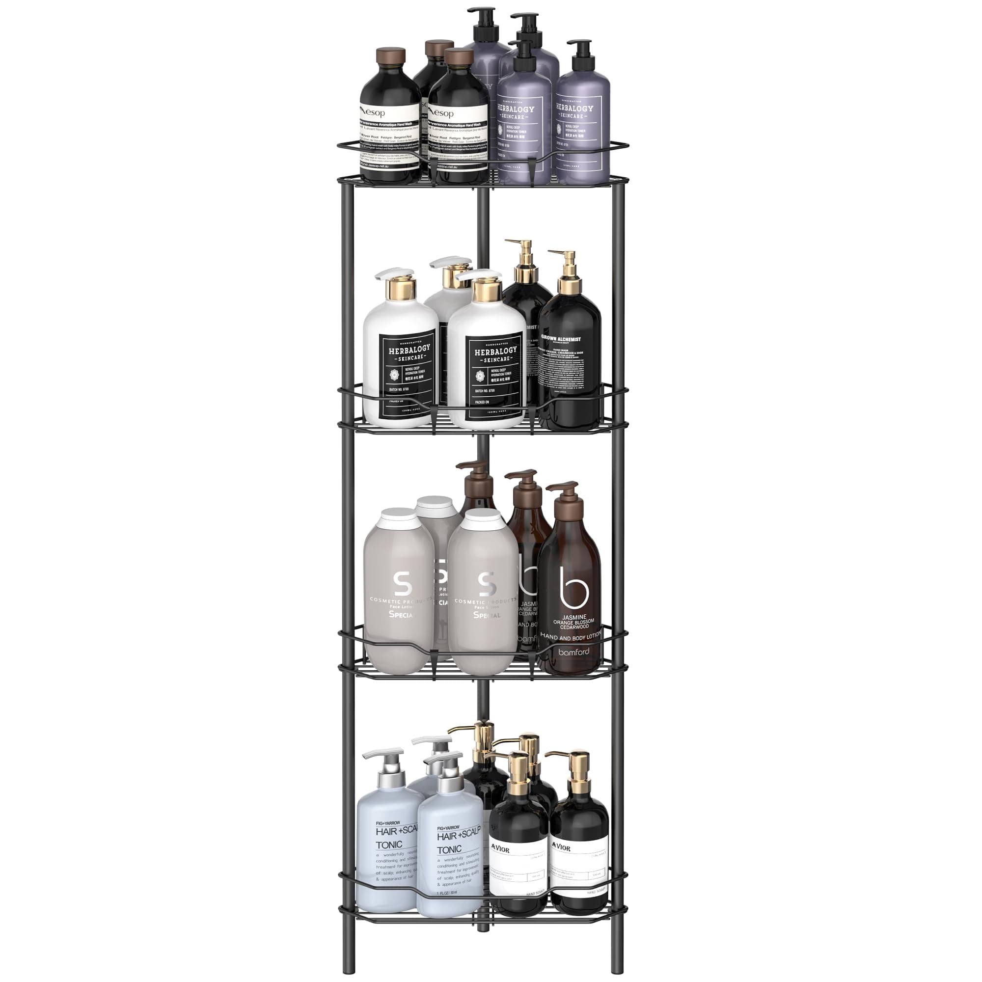 4 Tier Floor Standing Corner Shower Caddy Organizer Shelf with Hooks, Bathroom Shelves Stand Rack, Matt Black