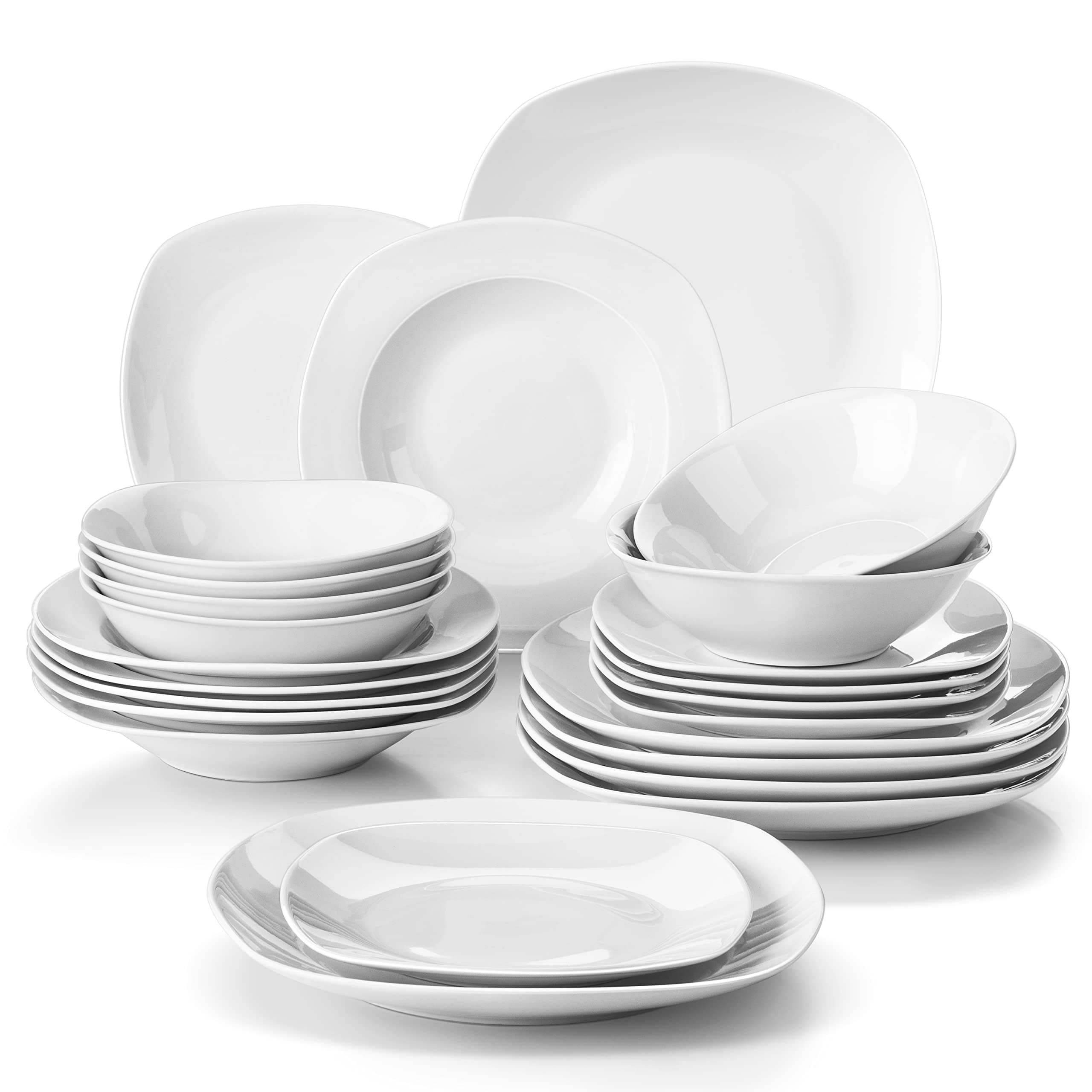 Dinnerware Sets, 24-Piece Porcelain Dinnerware Set Plates and Bowls Sets, Gray White Square Dishes Dinner Sets for Dessert, Salad and Pasta, Modern Dish Set for 6, Series Elisa
