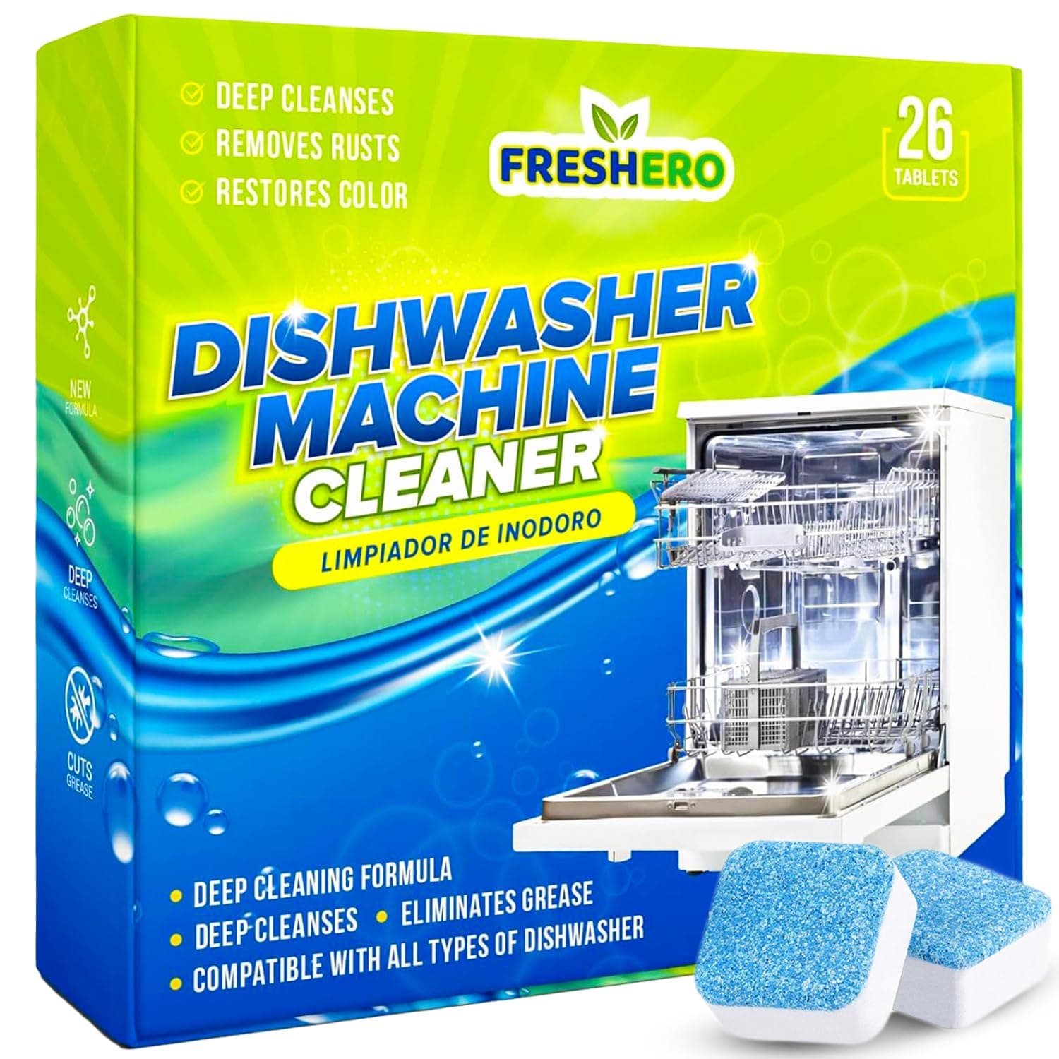 Dishwasher Cleaner and Deodorizer Tablets 26-Pack, Deep Cleaning Descaler for Dishwasher Machine, Heavy Duty, Septic Safe, Removes Grease & Build-ups, 1 Year of Cleaning Supplies (Unscented)