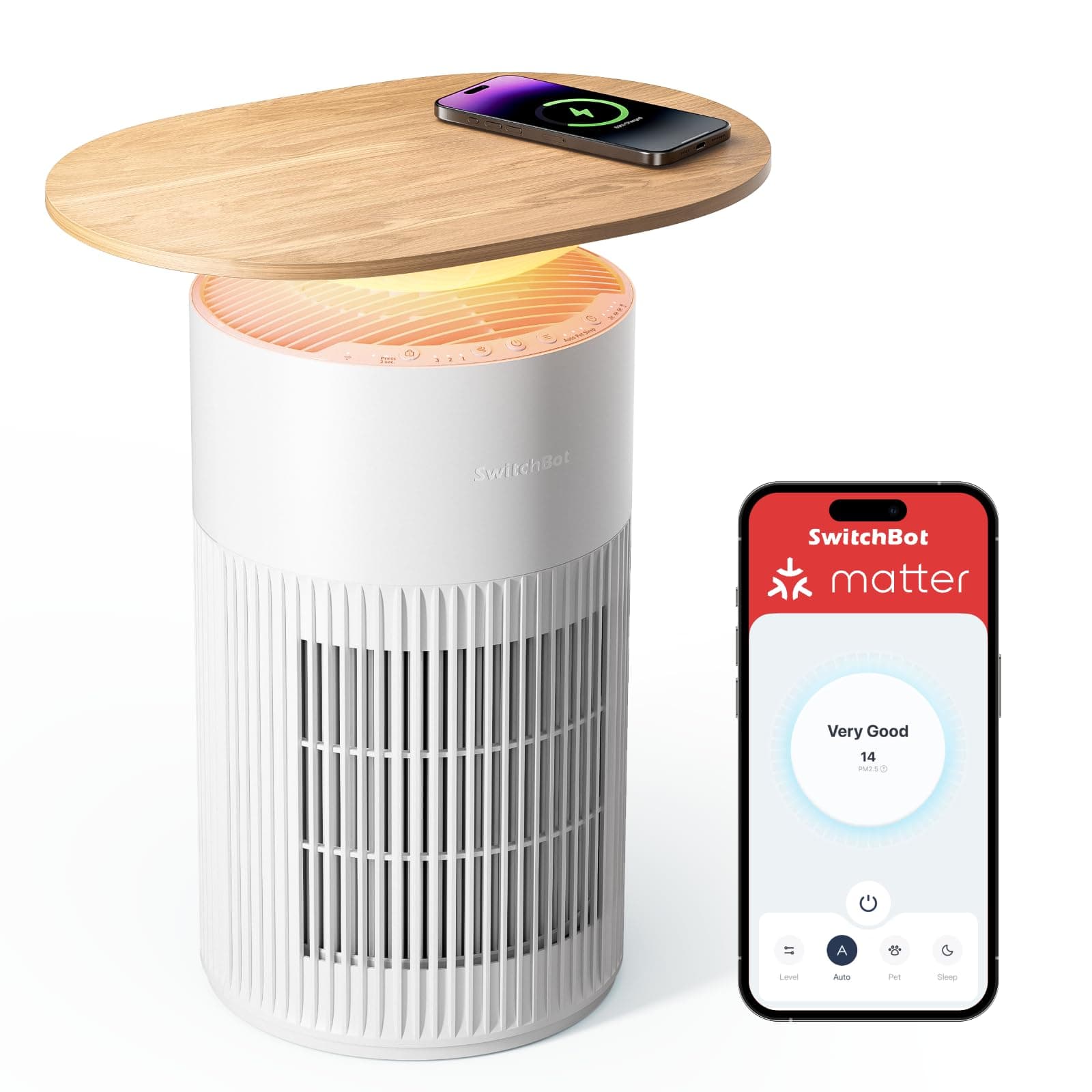 SwitchBot 4 in 1 Air Purifiers Table with Matter, Up to 3620 ft², H13 HEPA Pet Filter, Wireless Charging, Washable Pre-filter, 10 RGB Colors, Work with Apple Home, Google Home, HomeAssistant