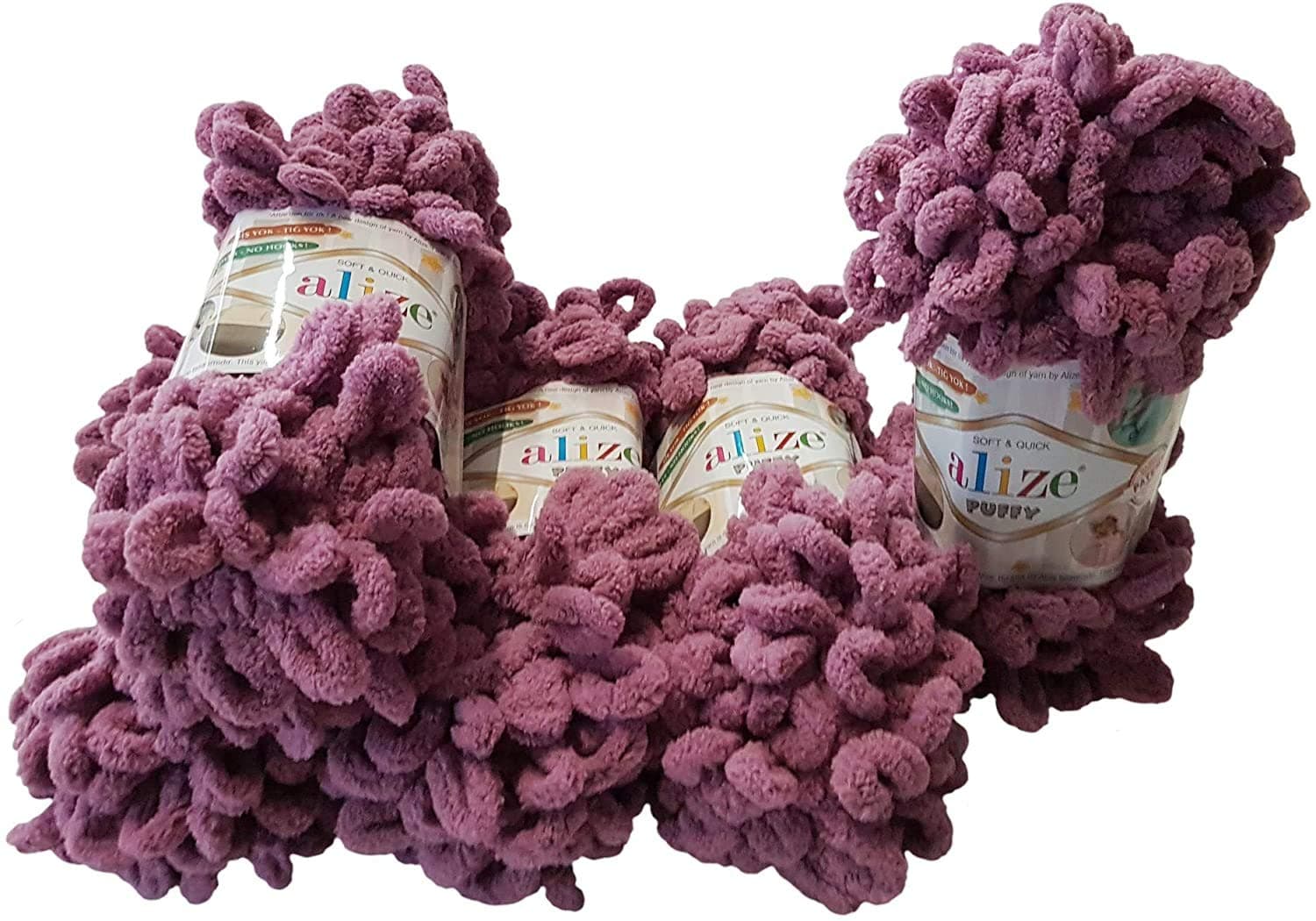 Alize Puffy 5 x 100g Super Bulky Loop Wool, Finger Knit Yarn, 500g (Lilac 28)