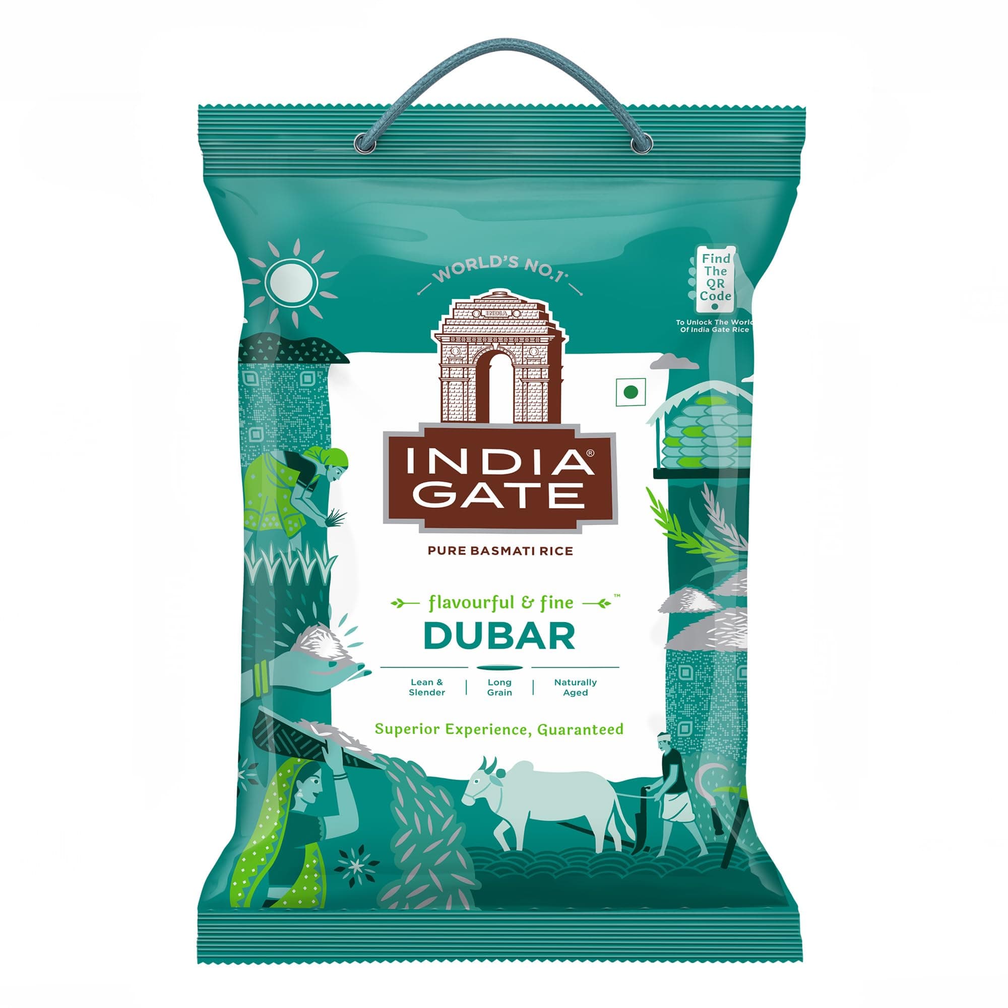 India Gate Dubar Pure Basmati Rice • Lean and Slender • Long Grain • Naturally Aged, 176.37 oz ℮ 11.02 lbs ℮ 5 kg أرز إنديا جيت دوبار بسمتي نقي