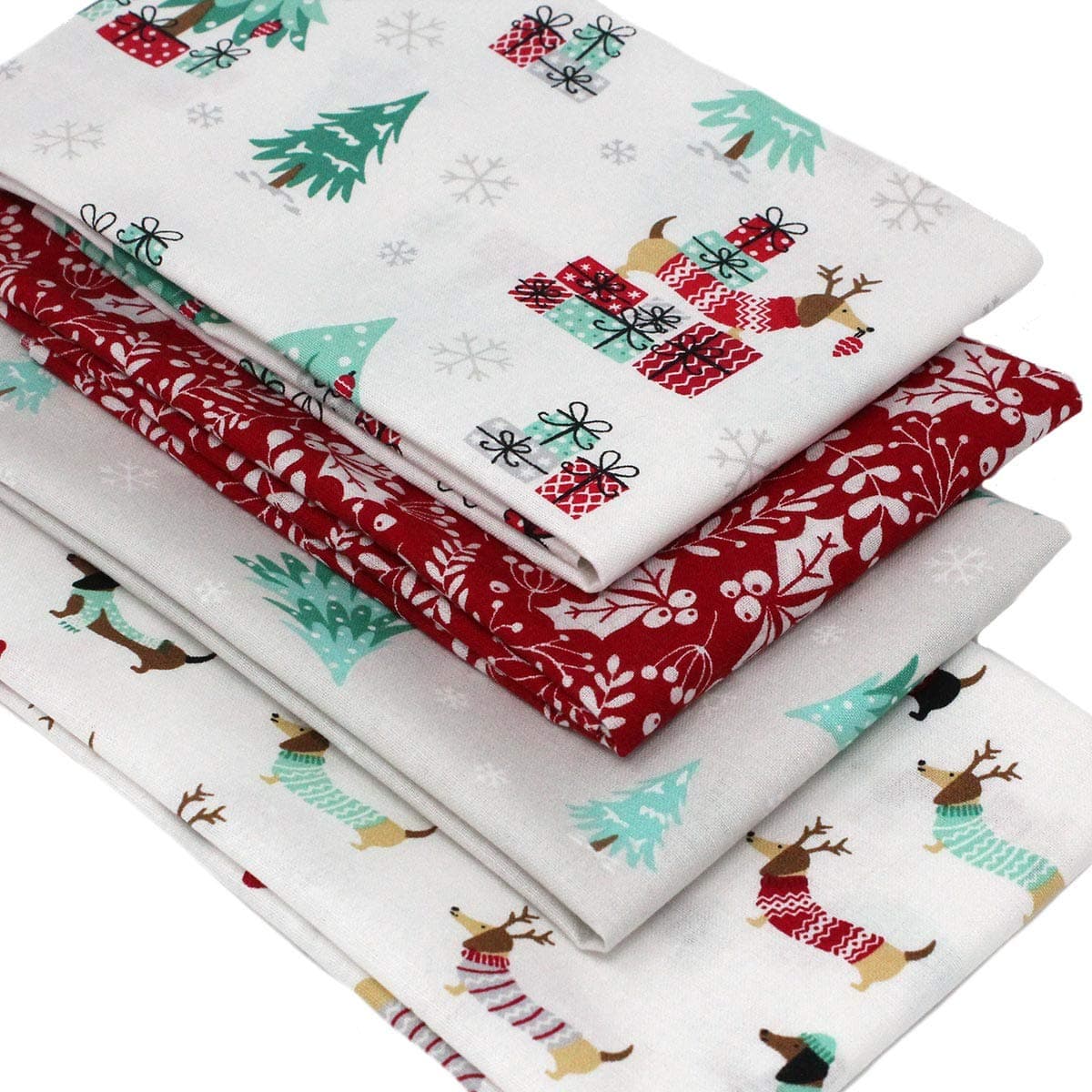 4 Fat Quarters Bundle - "Dachshund Christmas" Fabrics Featuring Fun Modern Designs. Ideal for Xmas Quilting and Crafting. 100% Cotton (Includes a Free Patchwork Pattern by Overdale Fabrics)