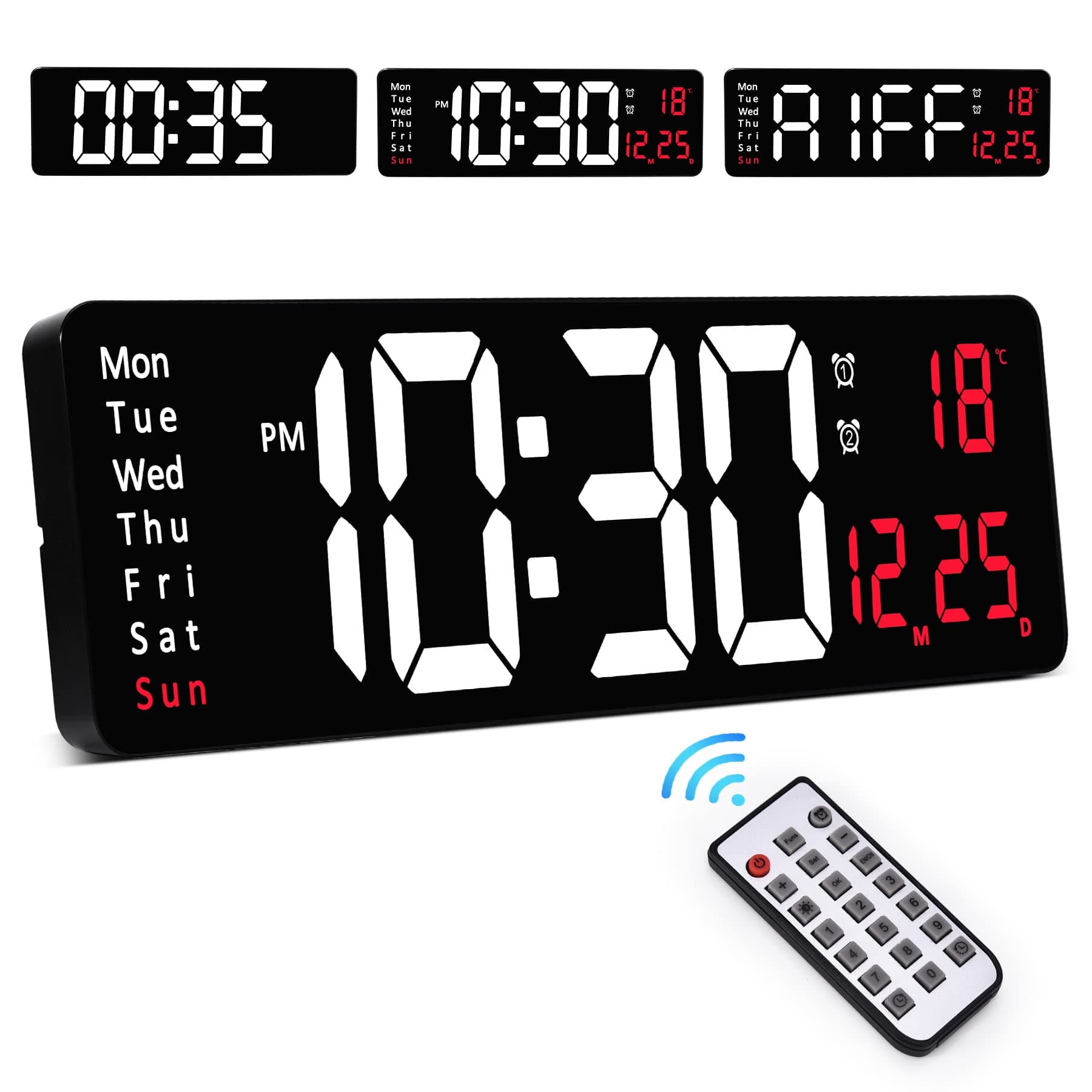 16" Large Digital Wall Clock with Remote Control, Wall Clock with Count Up & Down/10-Level Dimming/Dual Alarm/Day/Date/TEMP, Non Ticking Digital Clock for Living Room, Gym, Farmhouse, Office-Red