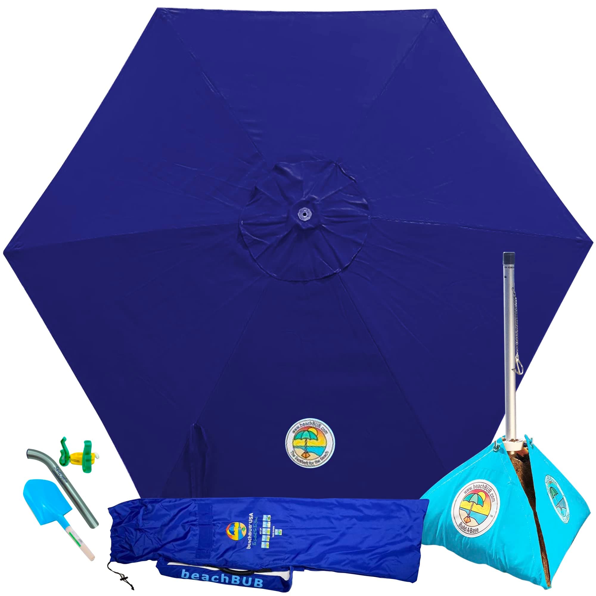 BEACHBUB ALL-IN-ONE BEACH UMBRELLA SYSTEM. Includes ULTRA Base (compliant with the ASTM F3681-24 Beach Umbrella Safety Standard). (Deep Ocean Blue)