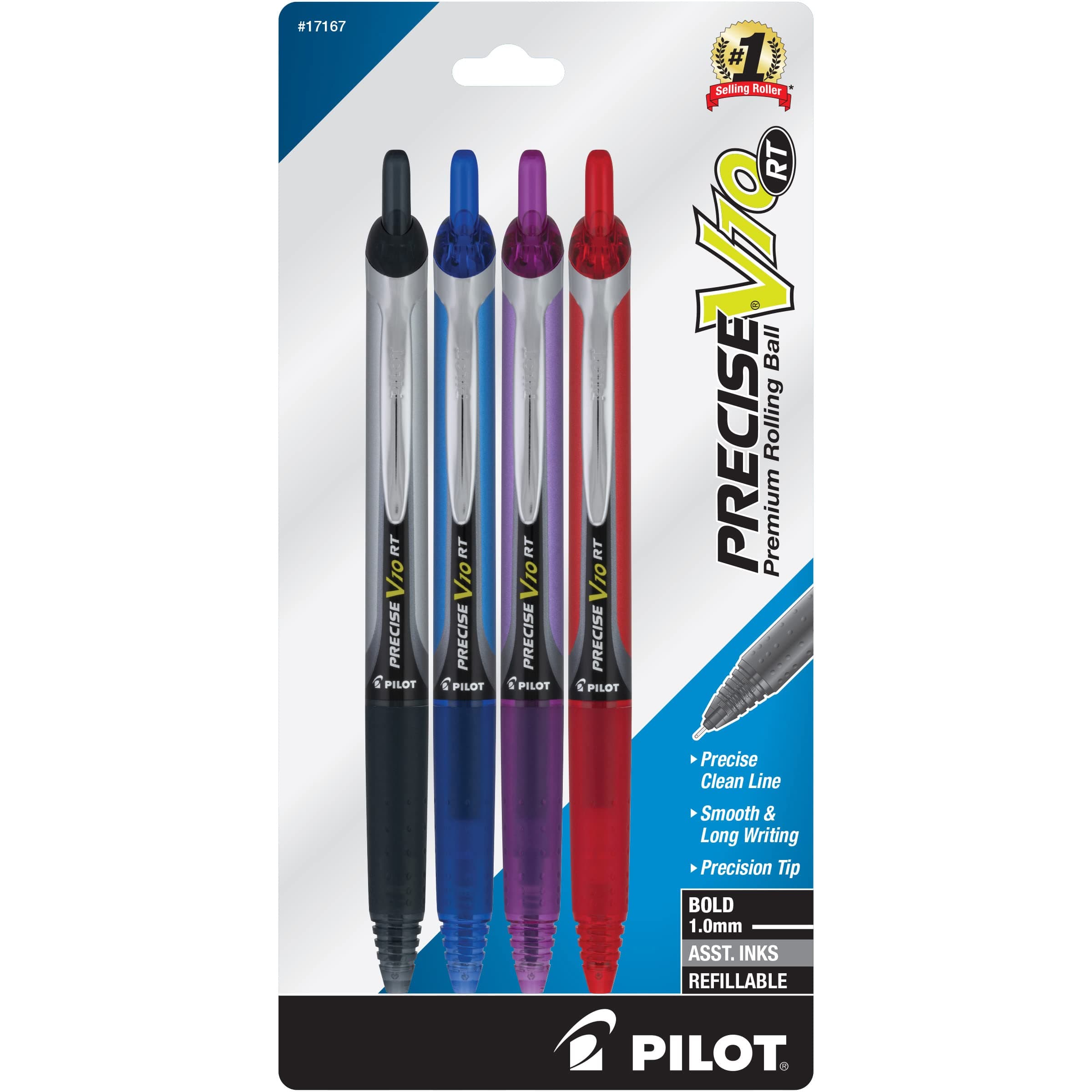 Precise V10 Retractable Rolling Ball Pens, Bold Point, 1.0 mm, Assorted, Pack Of 4 Pens