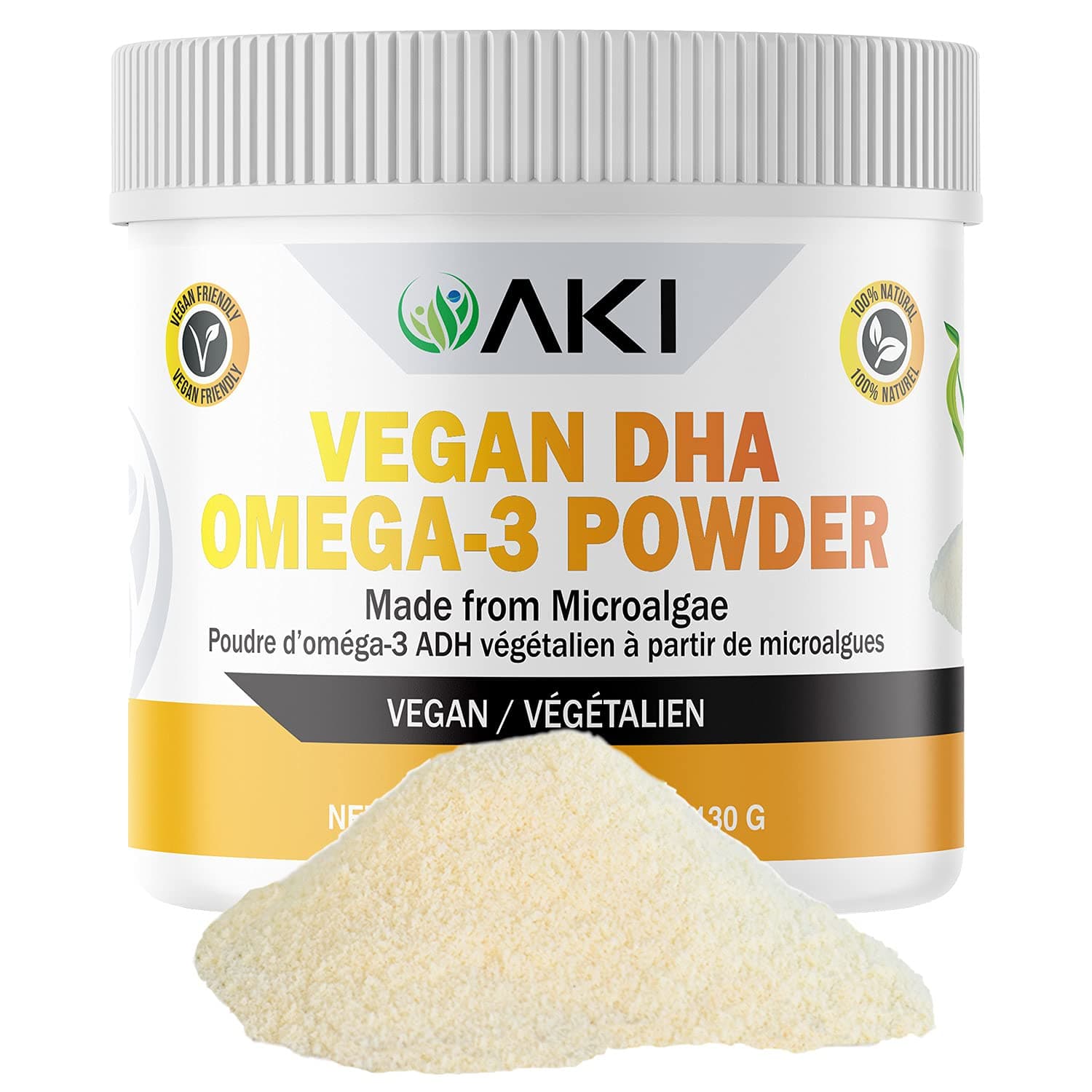 AKI Omega 3 DHA Micro Algae Powder Supplements - Plant Based Keto Vitamin - Alternative to Fish or Krill Oil - Vegan & Non-GMO (4.58oz/130g)
