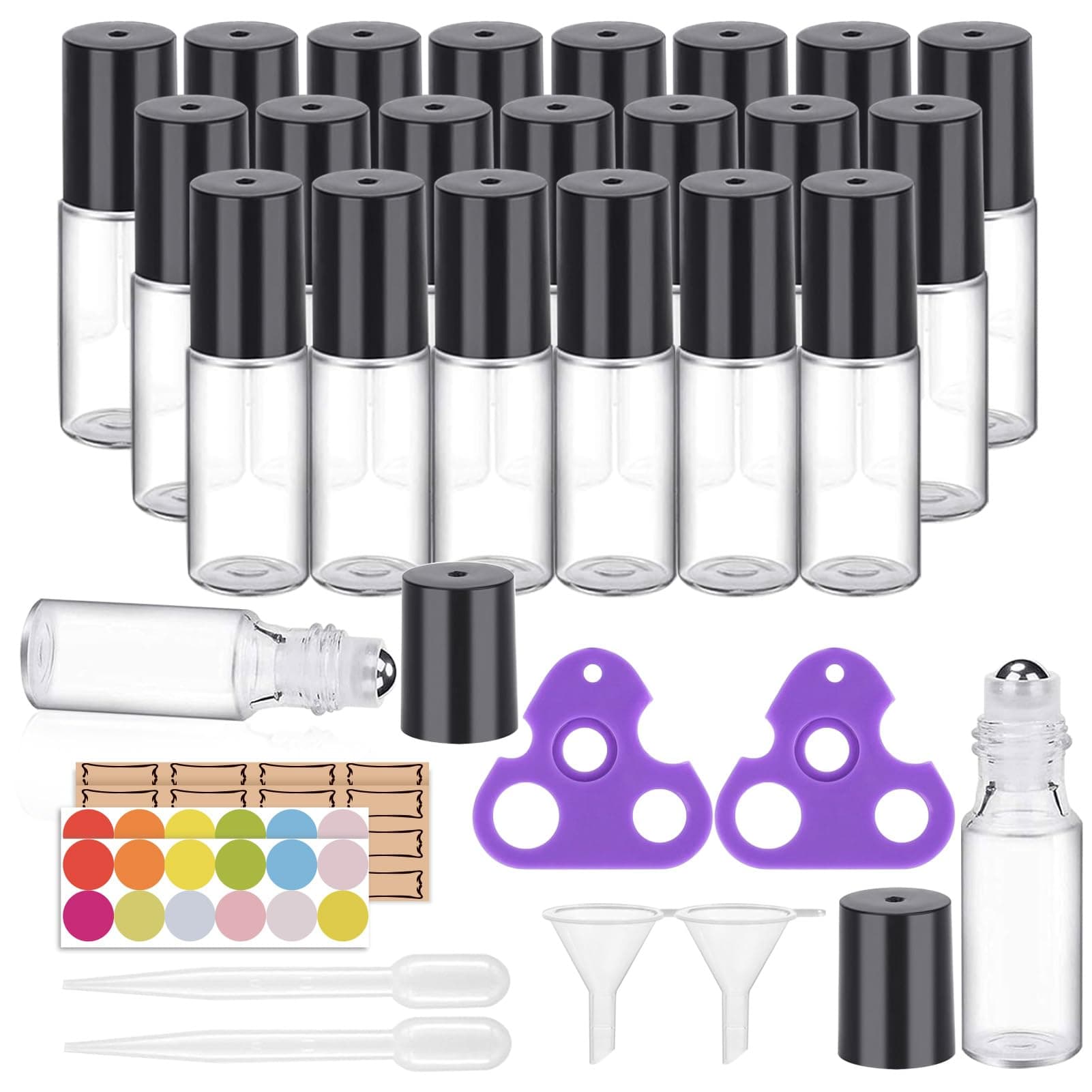 Easytle Essential Oil Roller Bottles 24 Pack 5ml Clear Glass Roller Bottles for Oils (96 Pieces Labels, 2 Opener, 4 Funnels, 4 Dropper) Roll on Bottle with Stainless Steel Roller Balls and Caps