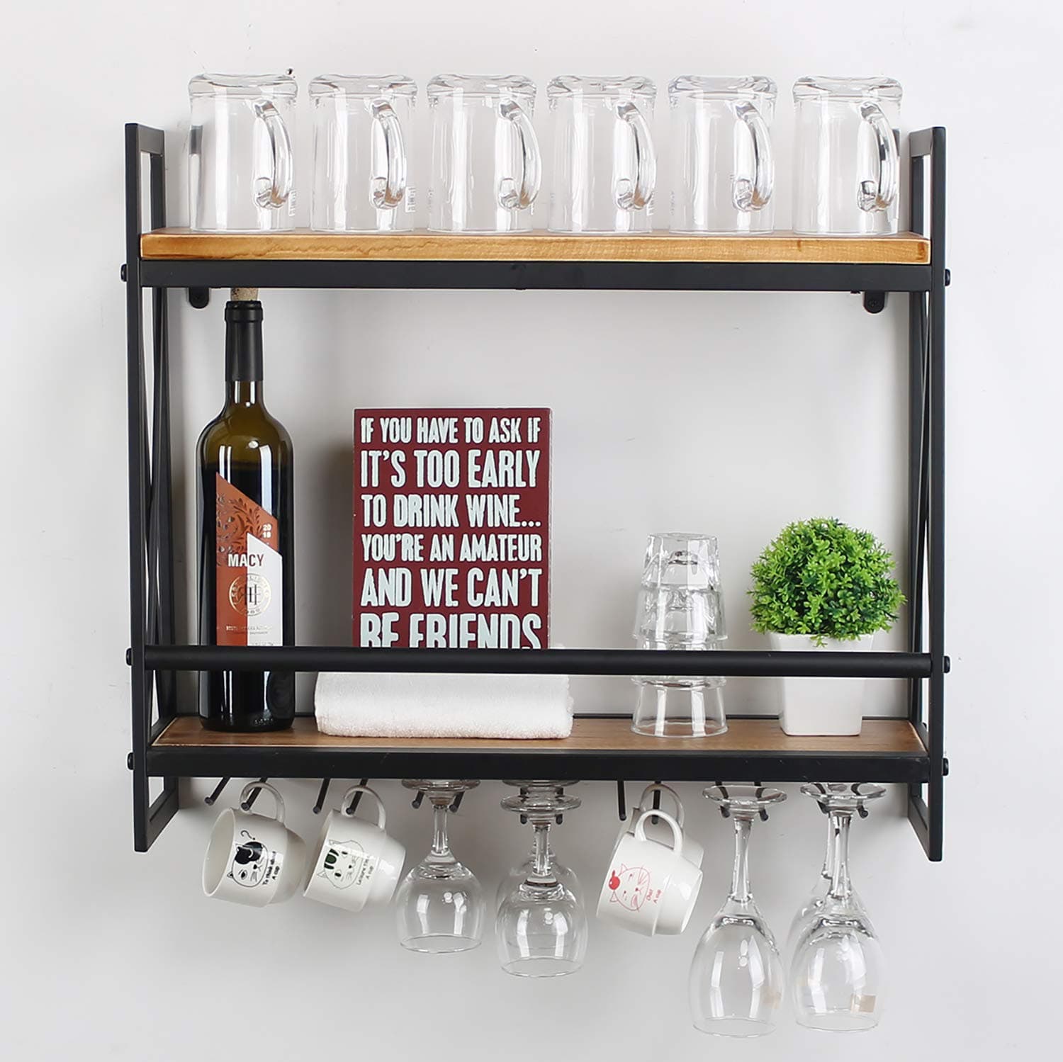 MBQQ Rustic Wall Mounted Wine Racks with 5 Stem Glass Holder,23.6in Industrial Metal Hanging Wine Rack,2-Tiers Wood Shelf Floating Shelves,Home Room Living Room Kitchen Decor Display Rack
