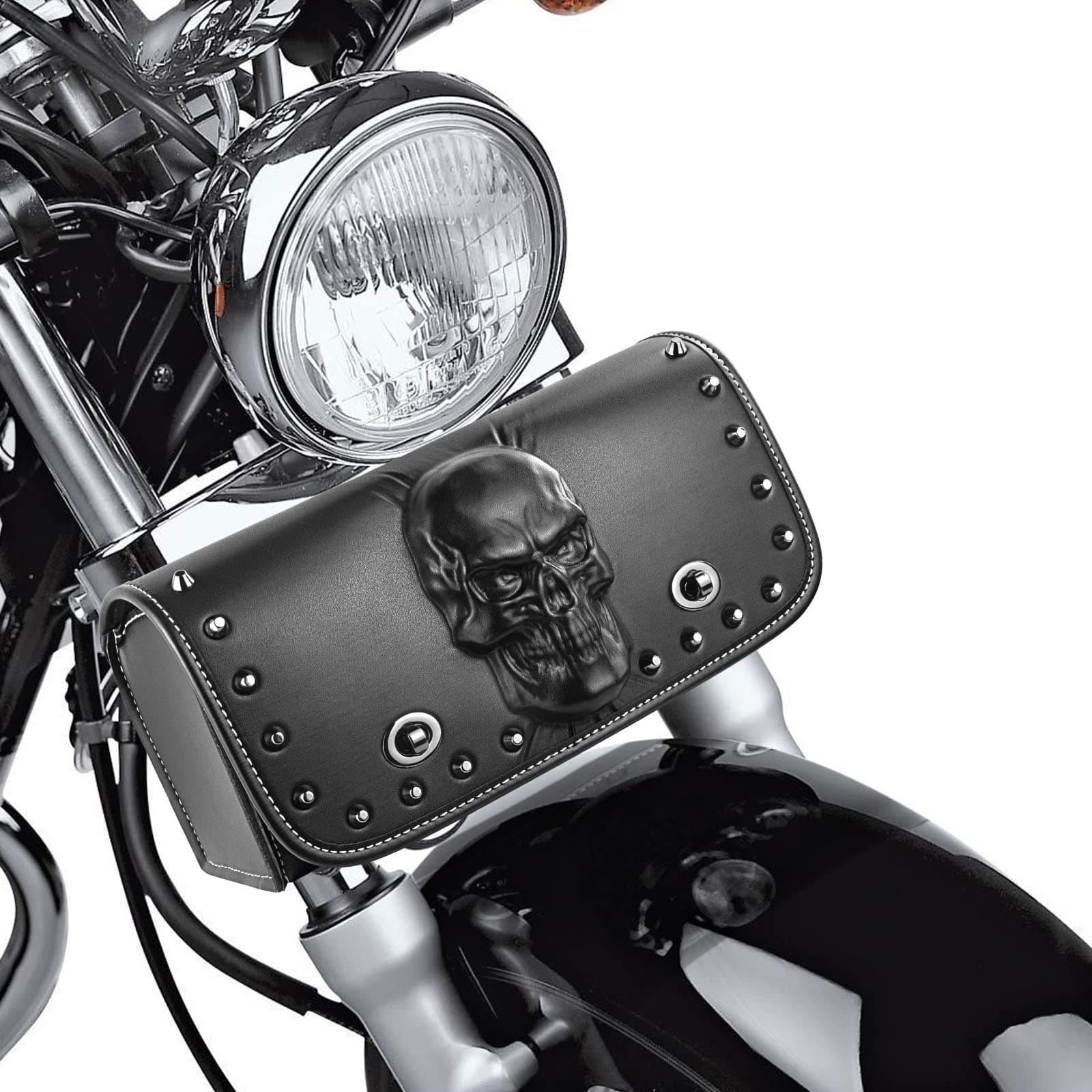 Universal Motorcycle 3D Skull Tool Saddlebags Front Fork Handlebar Bag PU Leather Sissybar Storage Pouch Compatible with Harley Dyna Scooter Softail Sportster Road King Honda Kawasaki Suzuki