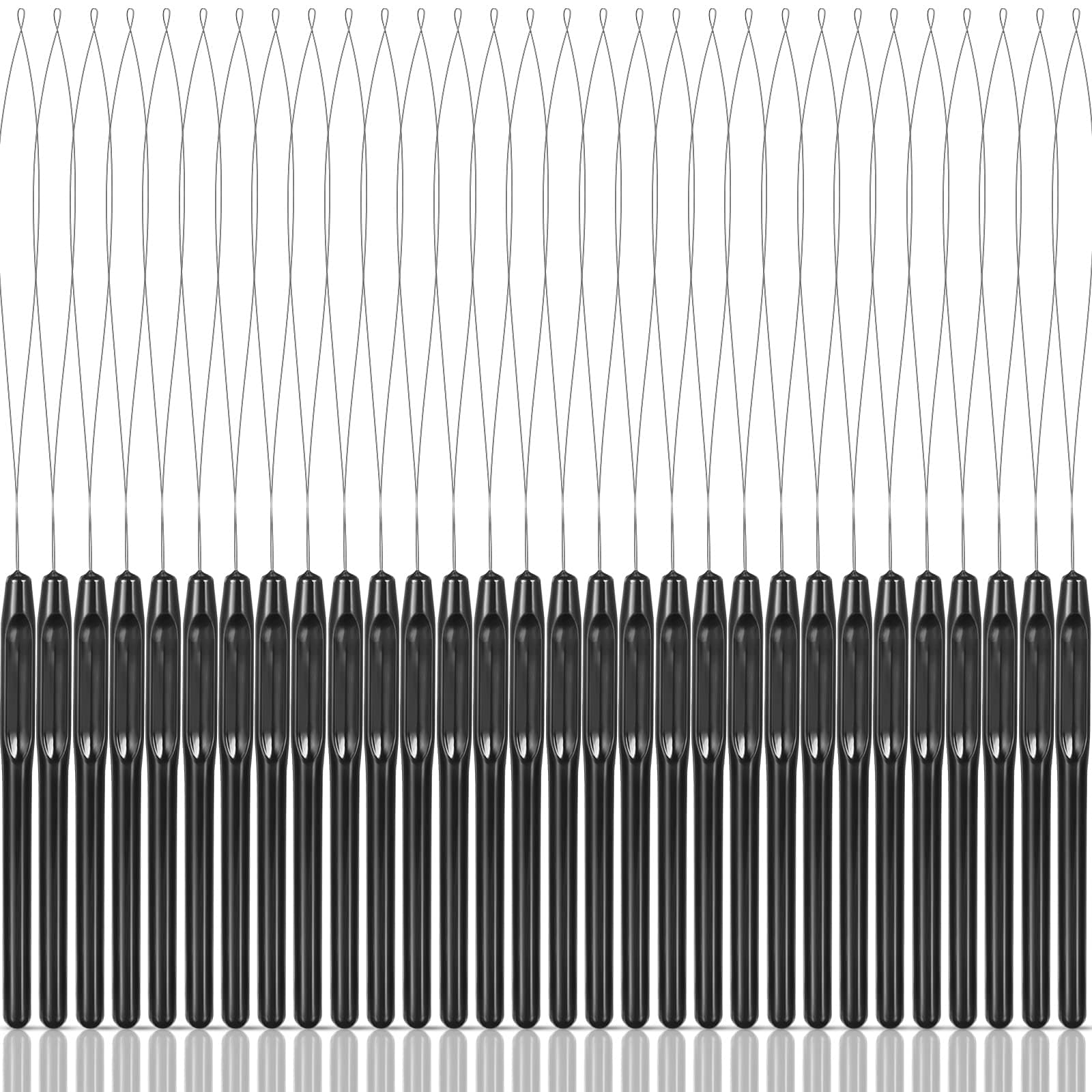 30 Pieces Hair Extension Loop Needle Threader Wire Pulling Hook Tool and Bead Device Tool Plastic Loop Needle for Hair or Feather Extensions Supplies, DIY, Black