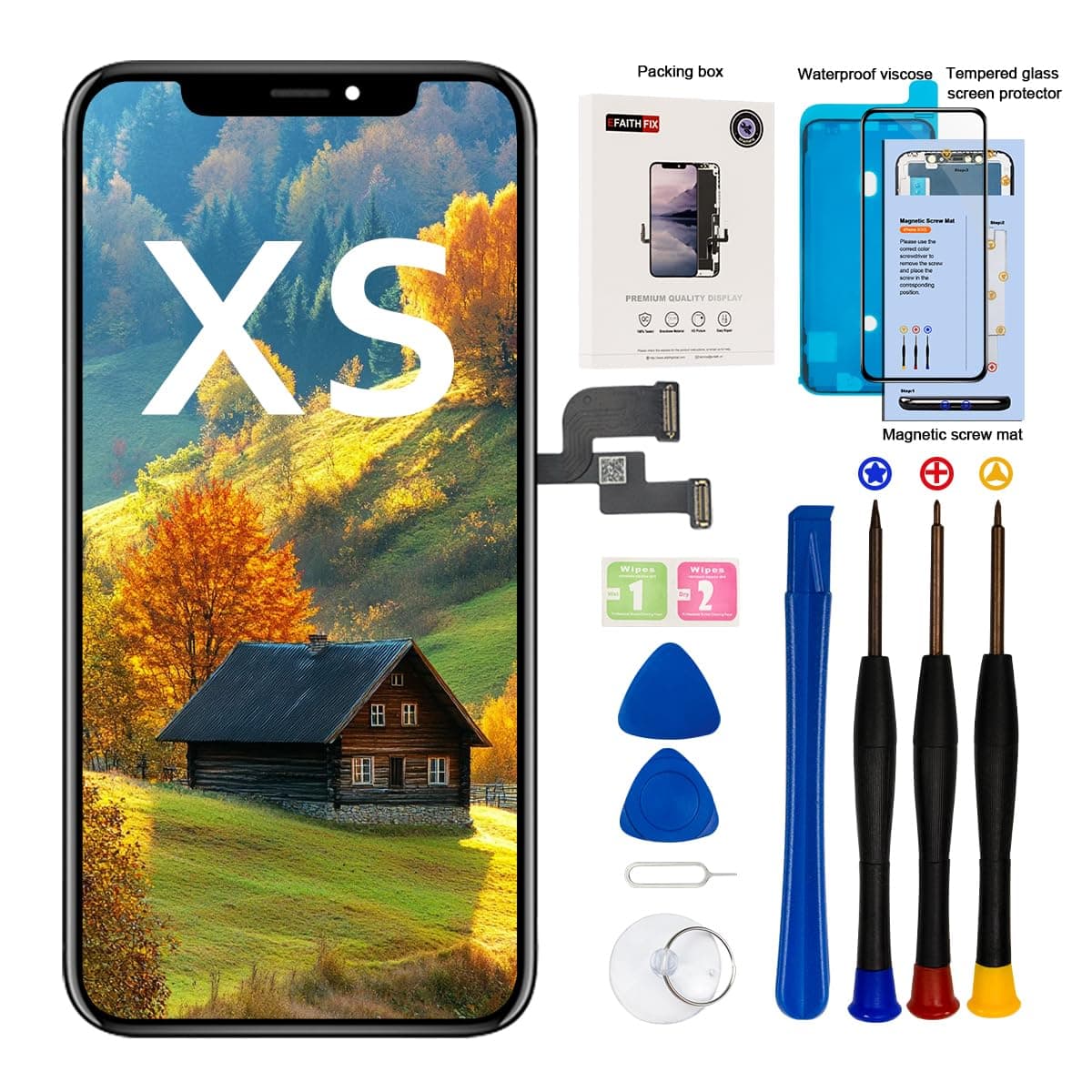 EFAITHFIX for iPhone Xs Screen Replacement 5.8 Inch Assembly LCD Display and 3D Touch Screen Digitizer with Repair Tools Kit for A1920/A2097/A2098/A2099/A2100 with Waterproof Adhesive Tempered Glass