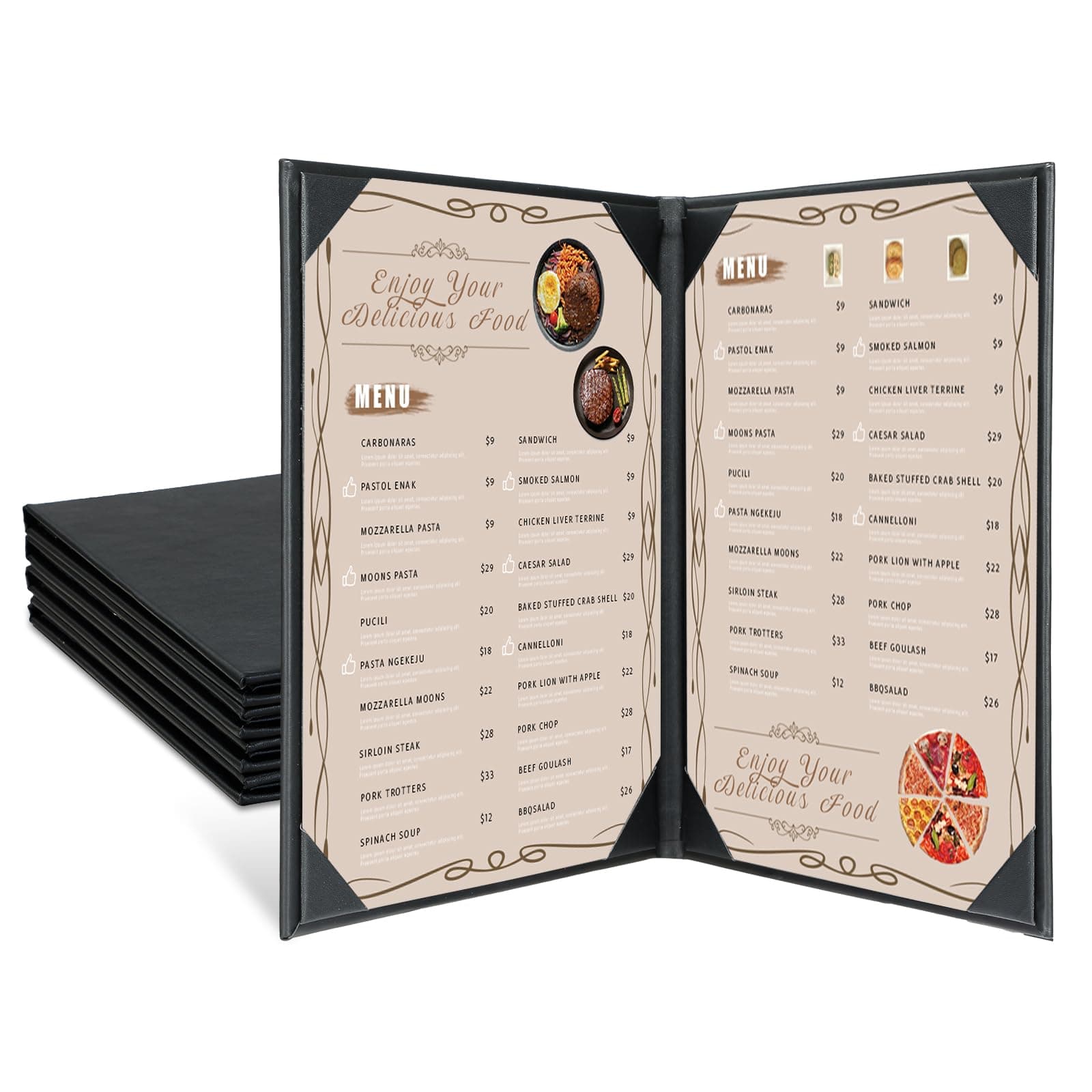 Menu Covers 8.5" x 11" – 5 Pack 2 View Black PU Leather Restaurant Menu Holders, Double Panel with Angled Corners for Food Menus, Wine Lists & Drink Specials & Cocktail, Perfect for Parties