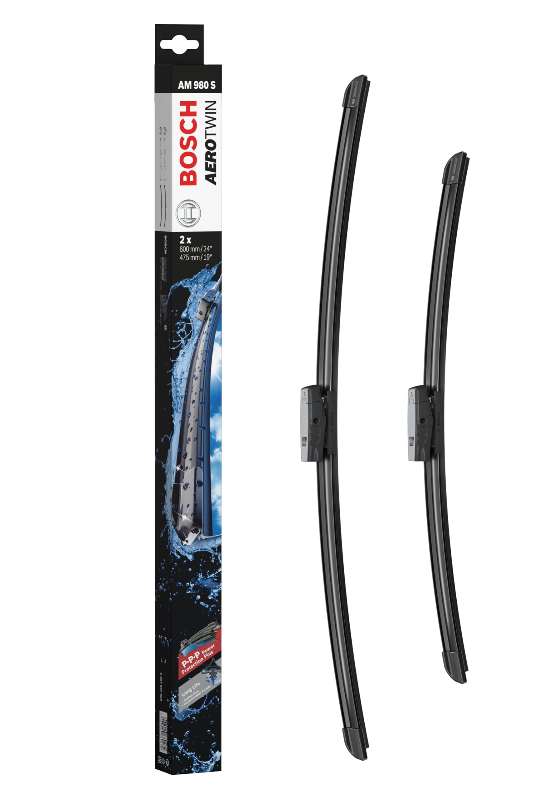 Bosch Aerotwin AM 980 S - Front Windscreen Wipers - Set of 2 Replacement Blades - Comes with Pre-assembled Adapter - 2 Blades, 600mm/475mm