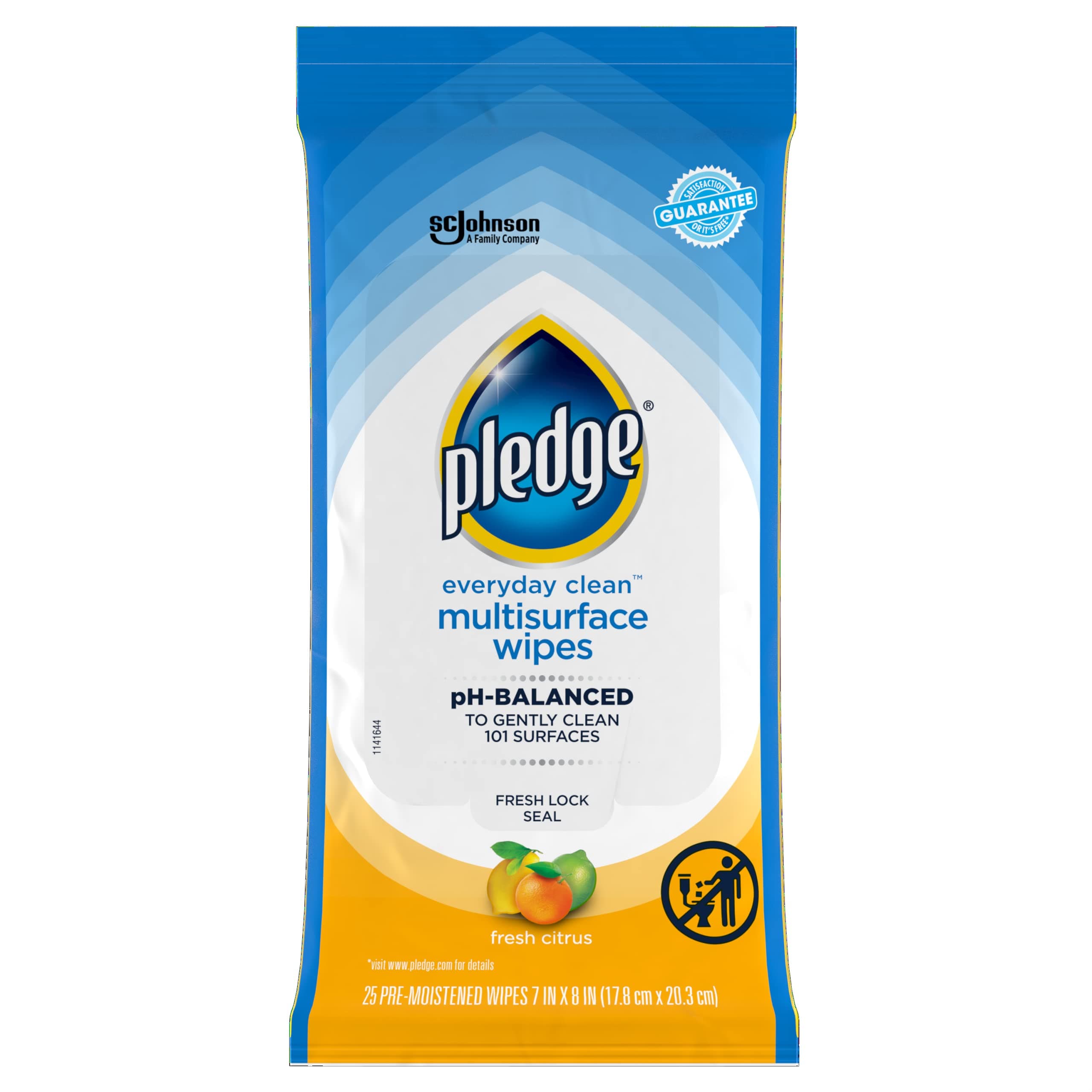 Pledge Multisurface Cleaning Wipes, pH Balanced, Fresh Citrus, 25 Count