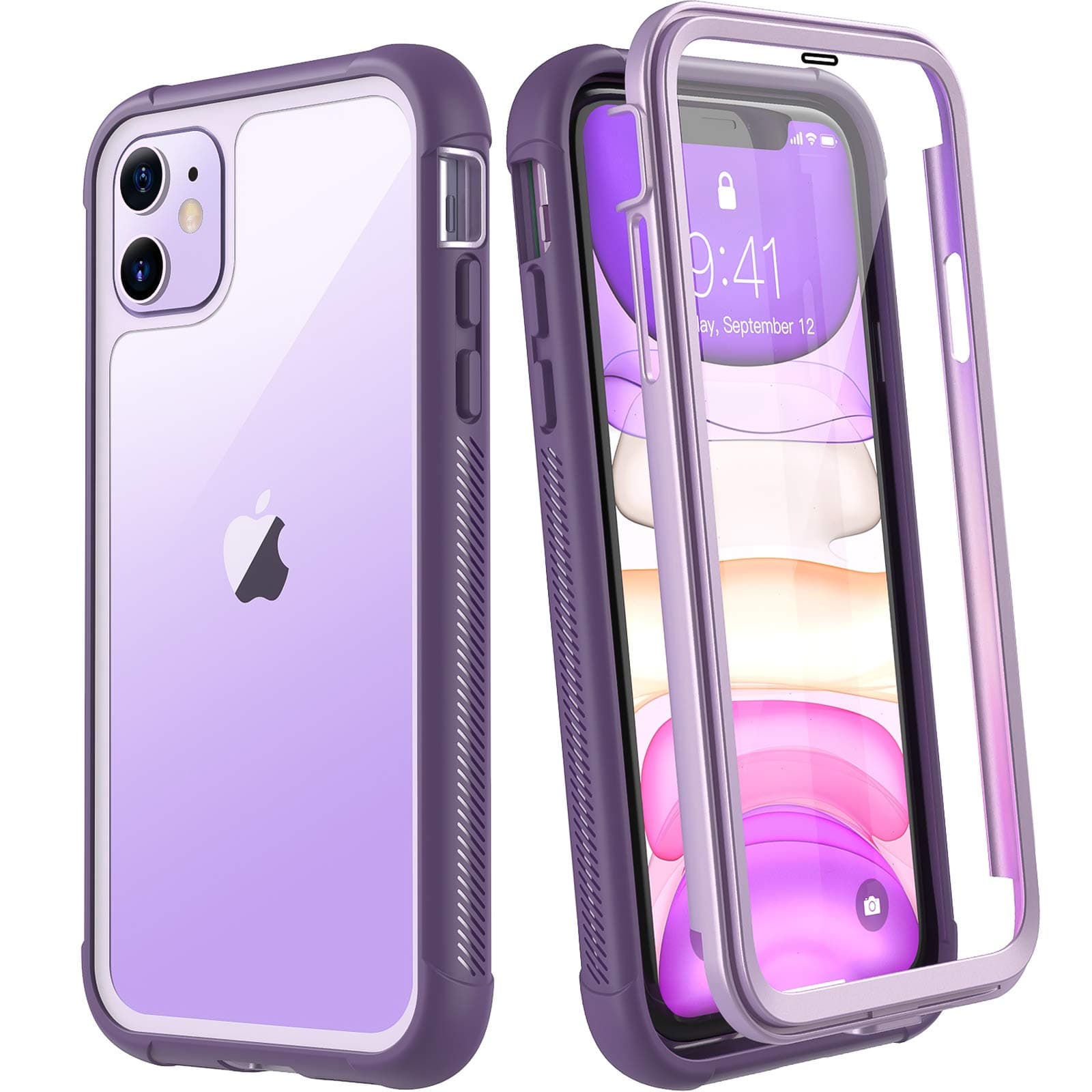 Singdo Case Compatible with iPhone 11 Case, Built-in Screen Protector 360 Degree Full Body Protection Shockproof Case Compatible with iPhone 11 6.1 inch(Purple/Clear)