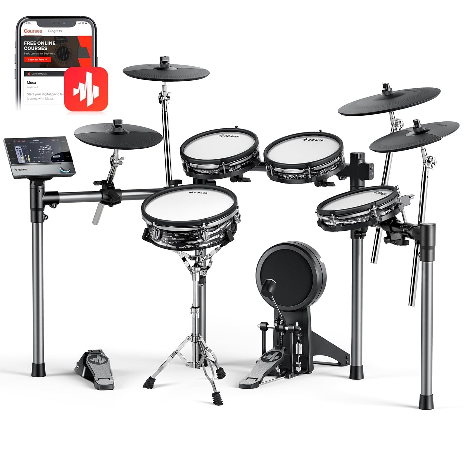 Beat Max Electronic Drum Set, Electric Drum Kit with 12" Quiet Mesh Drum Pads, 14" Cymbals w/Choke, 100 Kits and 1100+ Sounds, Sticks, USB MIDI, DONNER PLAY app (5 Pads, 4Cymbals)