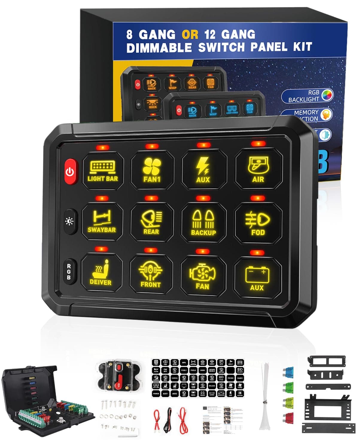 COLIGHT RGB 12 Gang Switch Panel Multi-Function Momentary Strobe Dimmable 12V 24V Car Switch Auxiliary Circuit Control Box for Off-Road Truck SUV Boat RV