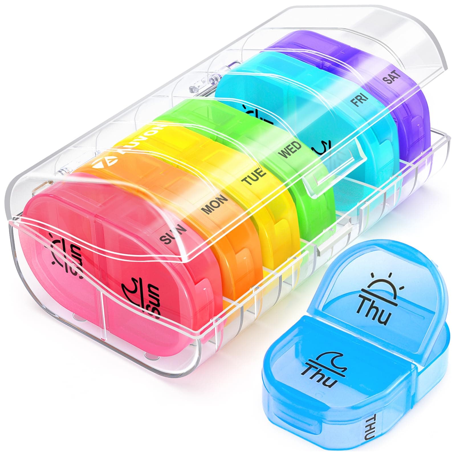 AUVON Pill Box Organiser, Travel Pill Boxes 7 Day 2 Times A Day with 7 Colorful Attachable Tablet Organiser for Medicine, Medication, Vitamin, Supplement and Fish Oil