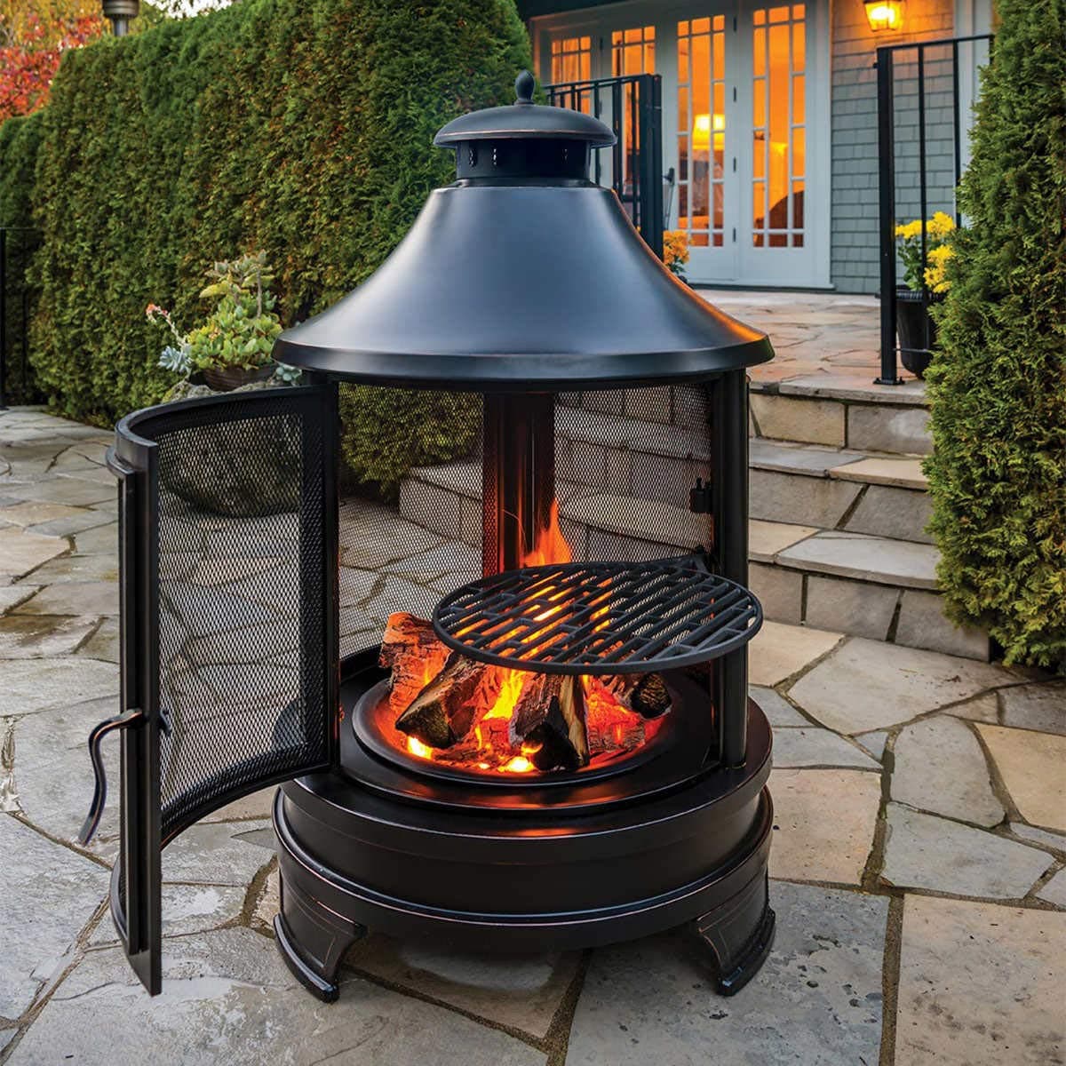 Rustic Outdoor Fireplace Chimnea with Cooking Grill Fire Pit Firepit Barbecue