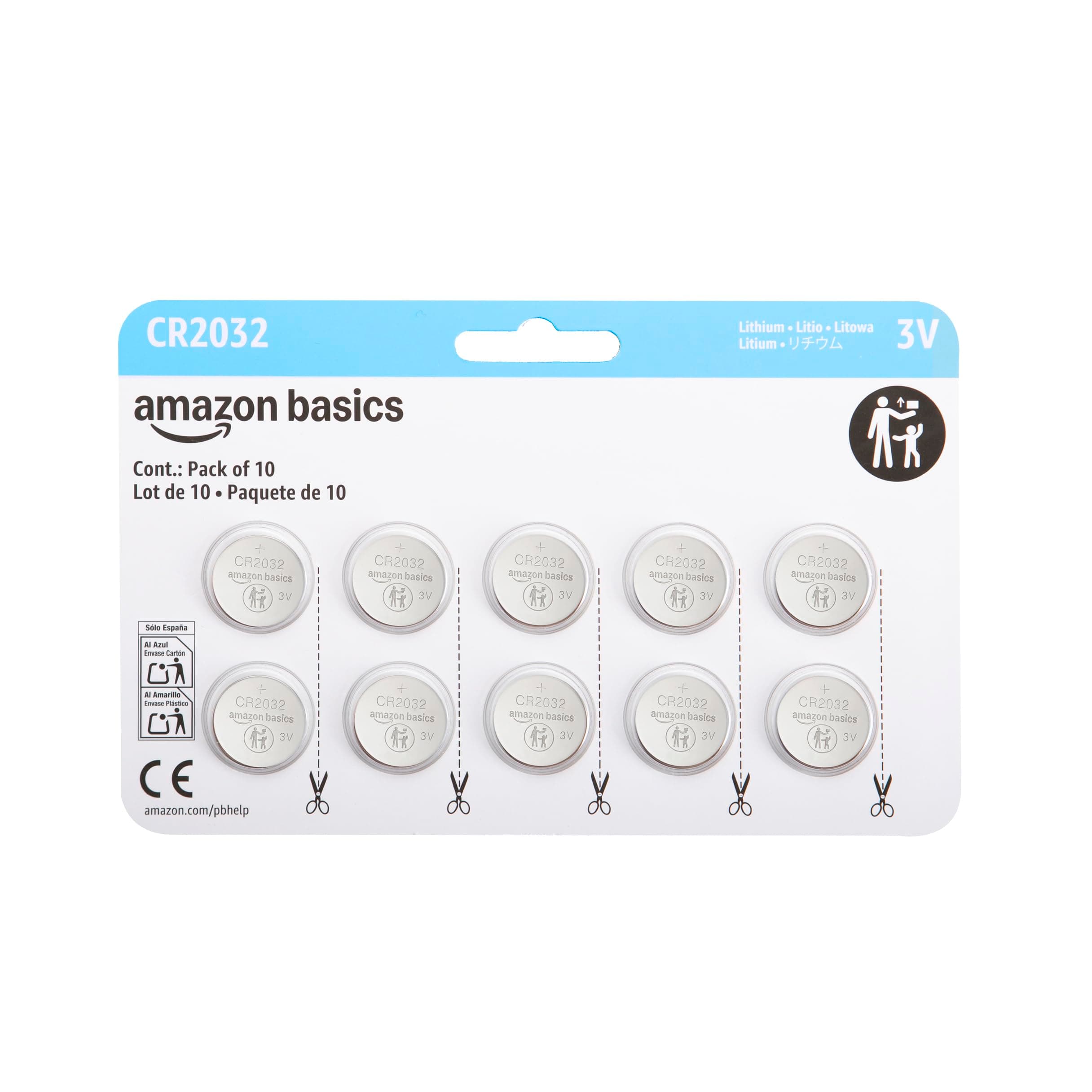 Amazon Basics CR2032 3V Lithium Coin Cell Batteries for Key Fob, Watch, Remote, Child-Proof Package, Non-Coated, AirTag Compatible, 10-Pack