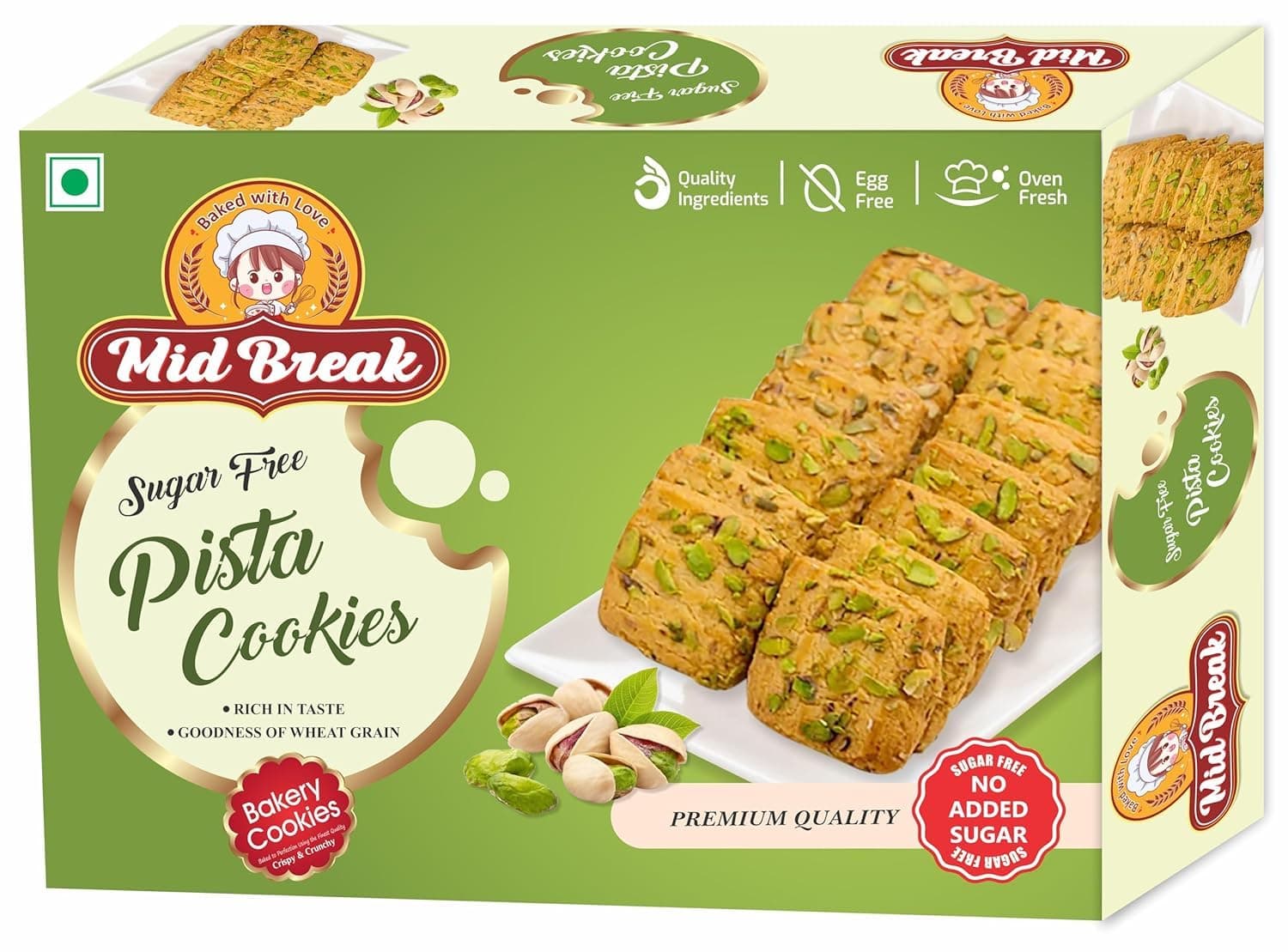 Midbreak No Added Sugar Pista Delight Biscuits - 300gm (Pack Of 2) | Cookies Infused With Rich Pistachios | Low GI, Gut-Friendly And High in Fiber - Your Healthier Snacking Choice! - Pack Of 1