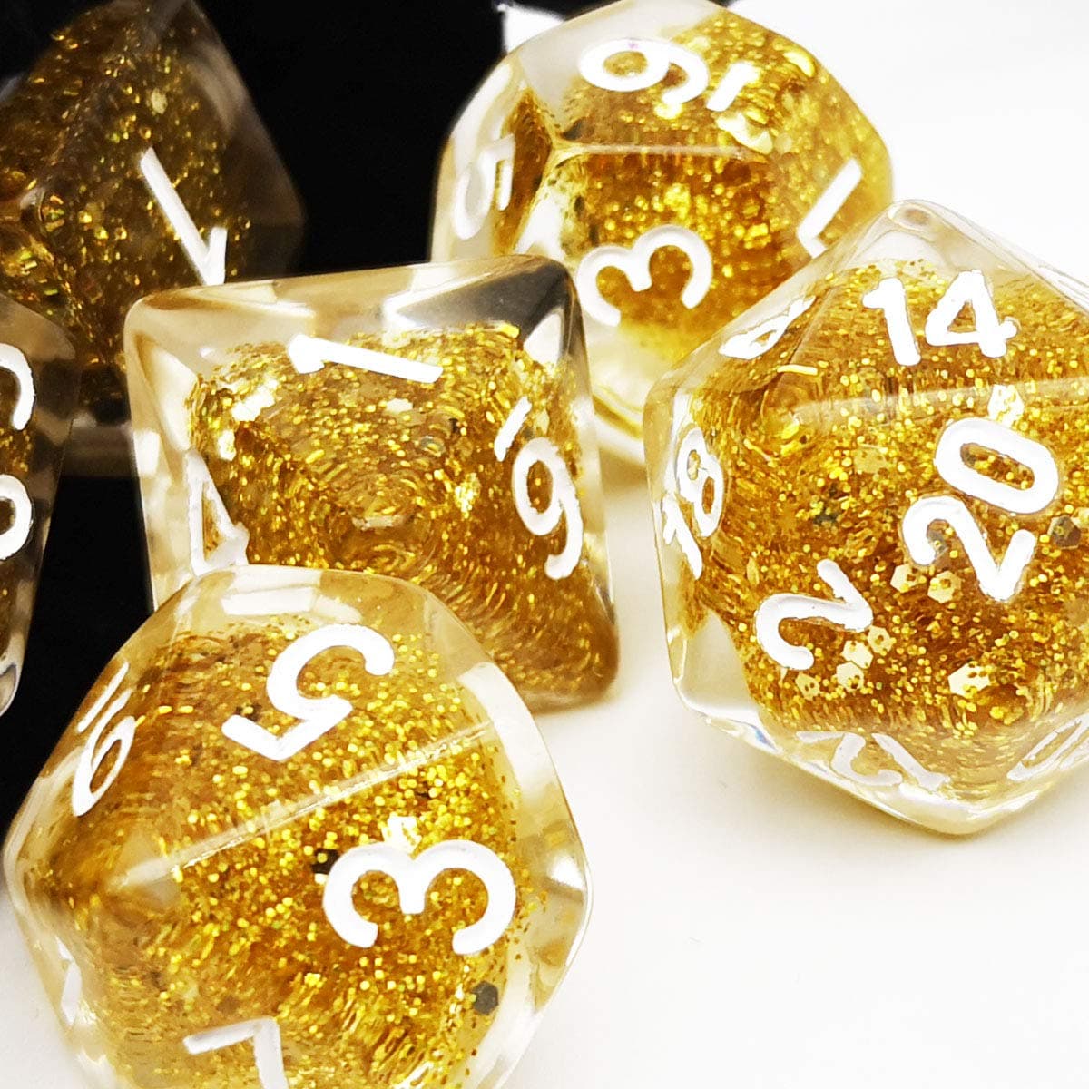 Haxtec Glitter DND Dice Set Gold 7PCS Polyhedral D D Dice for Roleplaying Dice Games Compatible with Dungeons and Dragons, Dice Bag Included